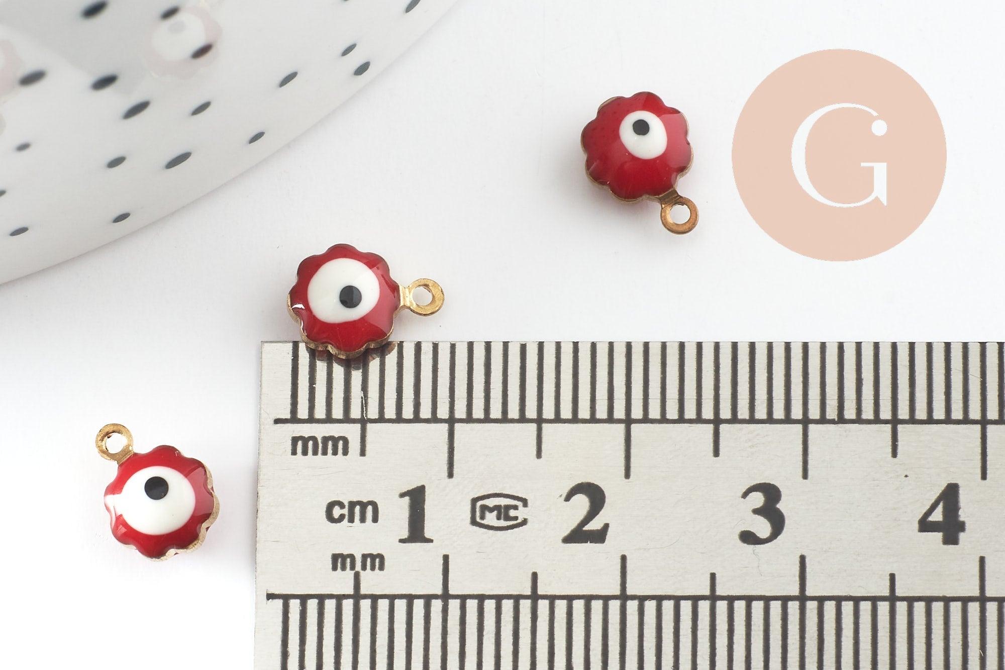 Pendentifs doré Fleur émail rouge, mauvais oeil, laiton doré, pendentif chance, 9mm, x10 G1576