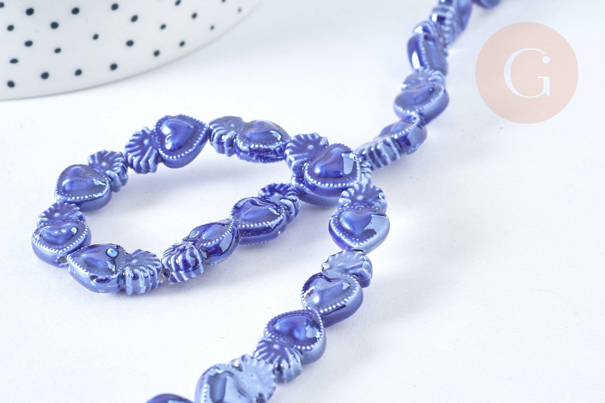 Perle Porcelaine Cœur bleu foncé irisé 15.7mm, x1 fil de 36cm (G7444)