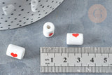Perle Porcelaine tube blanc cœur rouge 12.5x8.5mm, x10 (G7986)