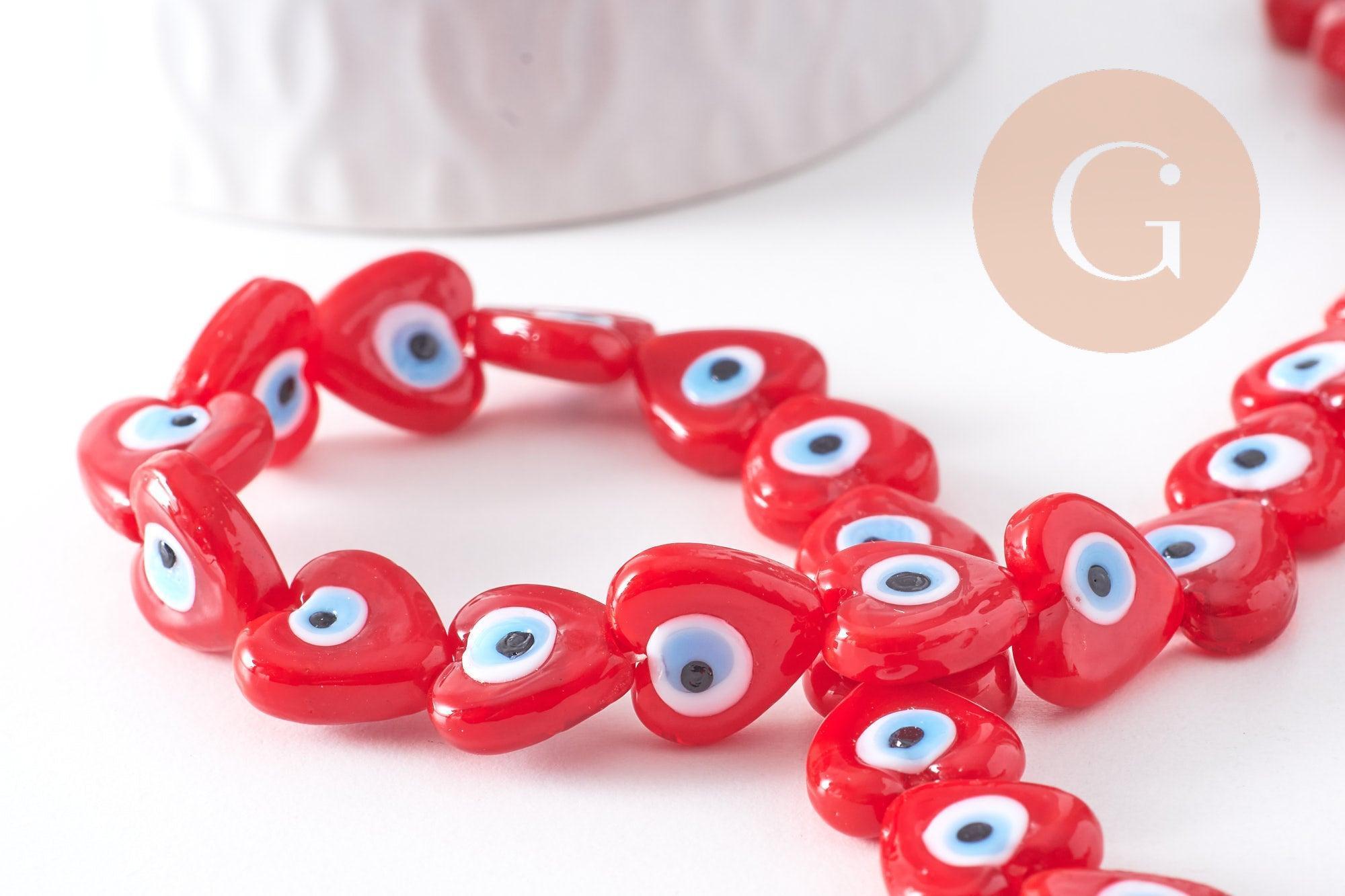 Perle coeur Mauvais Oeil verre rouge 12mm, x1 fil de 35cm (G10393)