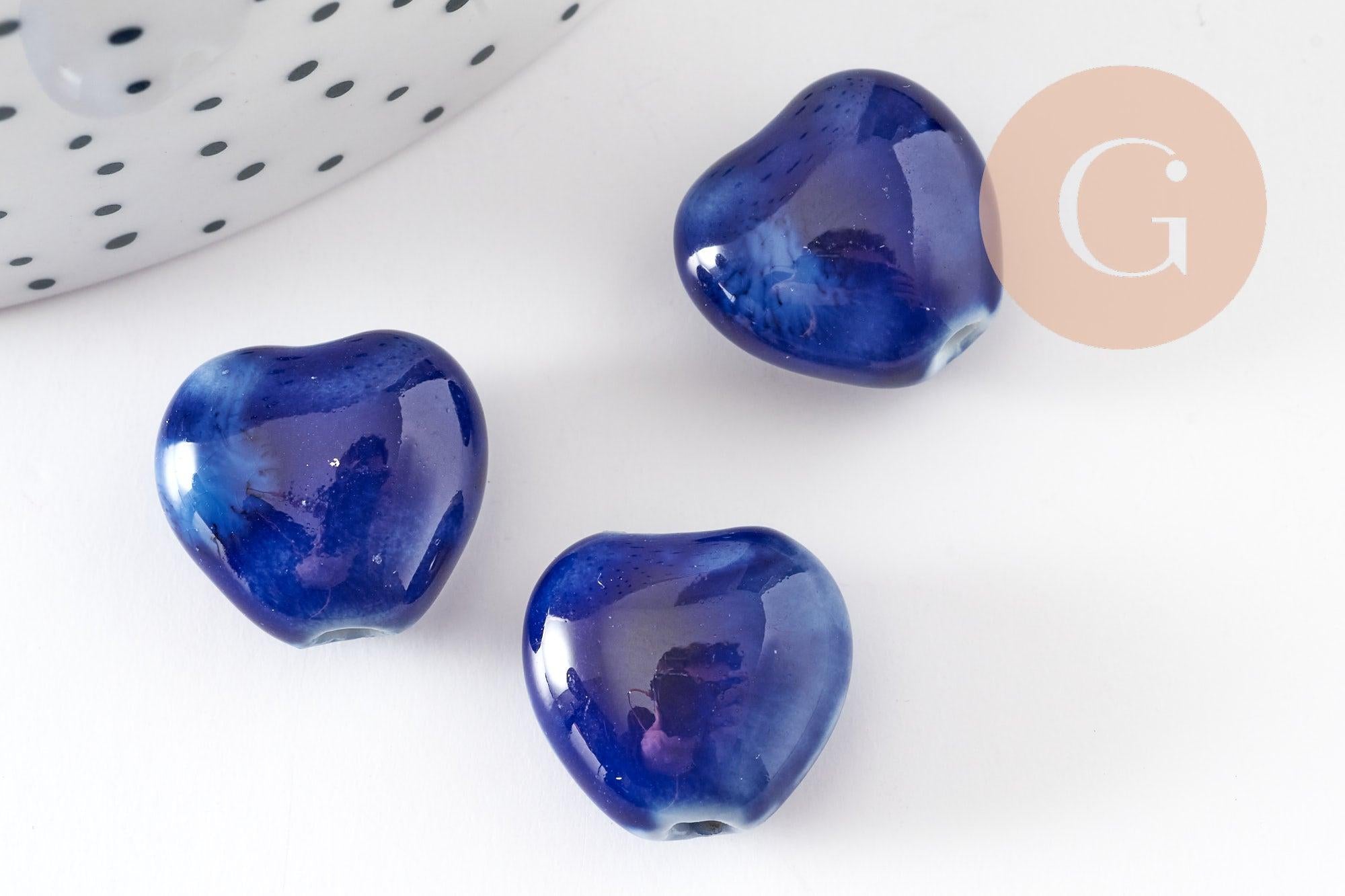 Perle coeur porcelaine bleu foncé 14-15mm, x5 (G9348)