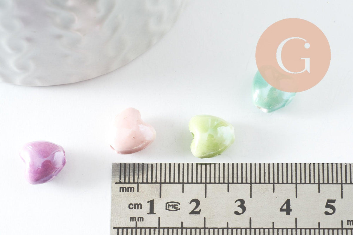 Perle coeur porcelaine multicolore irisé 12mm, x5 (G9772)
