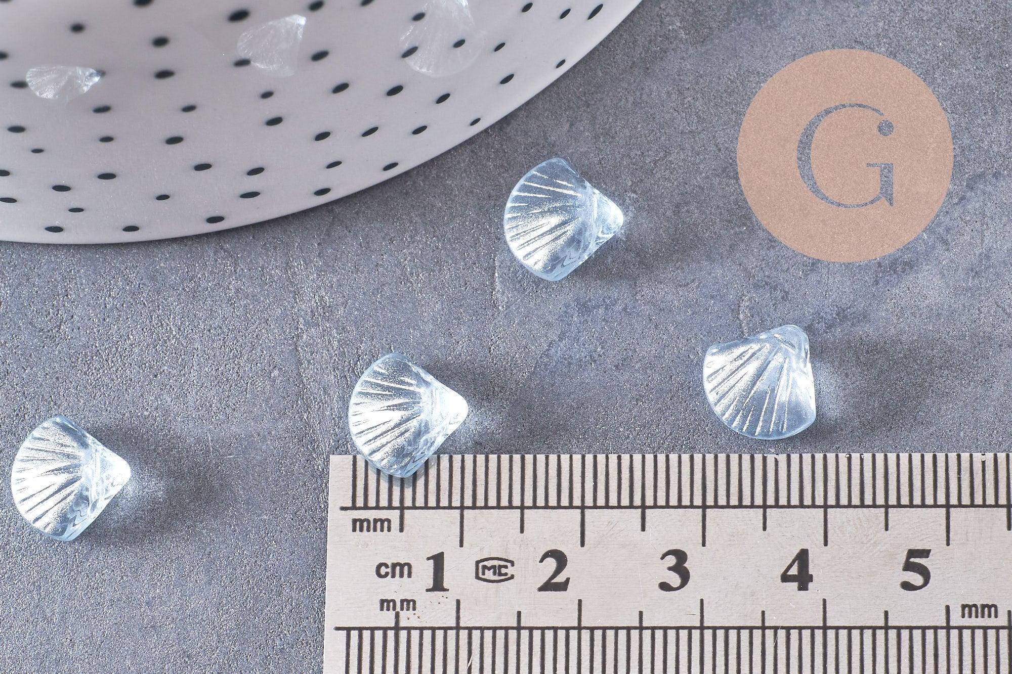 Perle coquillage verre transparent bleu, perles verre tchèque, perle coquille verre bleu, x10 (G5441)
