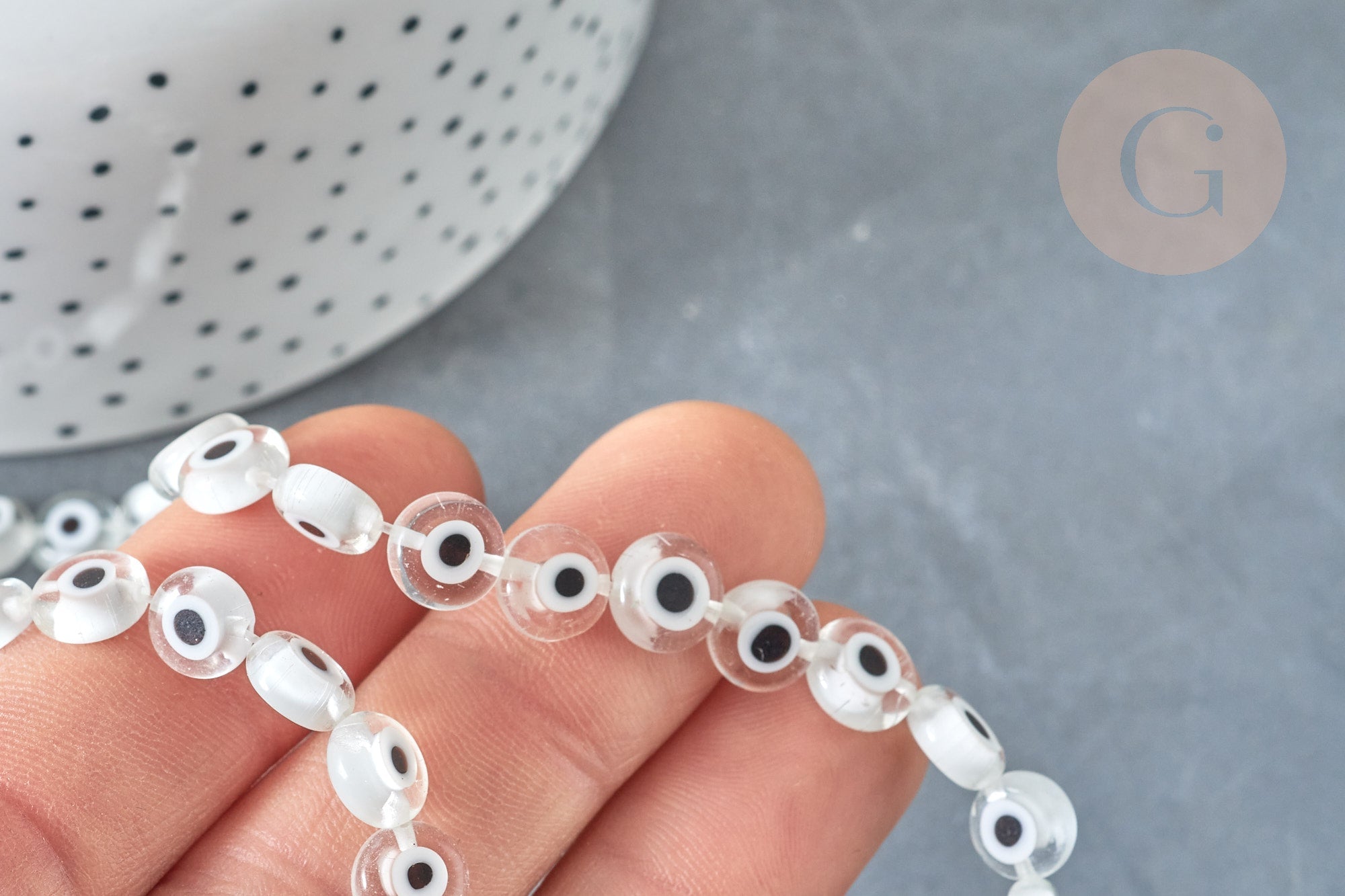 Perle disque Mauvais Oeil Grecque verre transparent, le fil de 36.9cm,perle verre chance, perle artisanale verre, x1 (G7802)