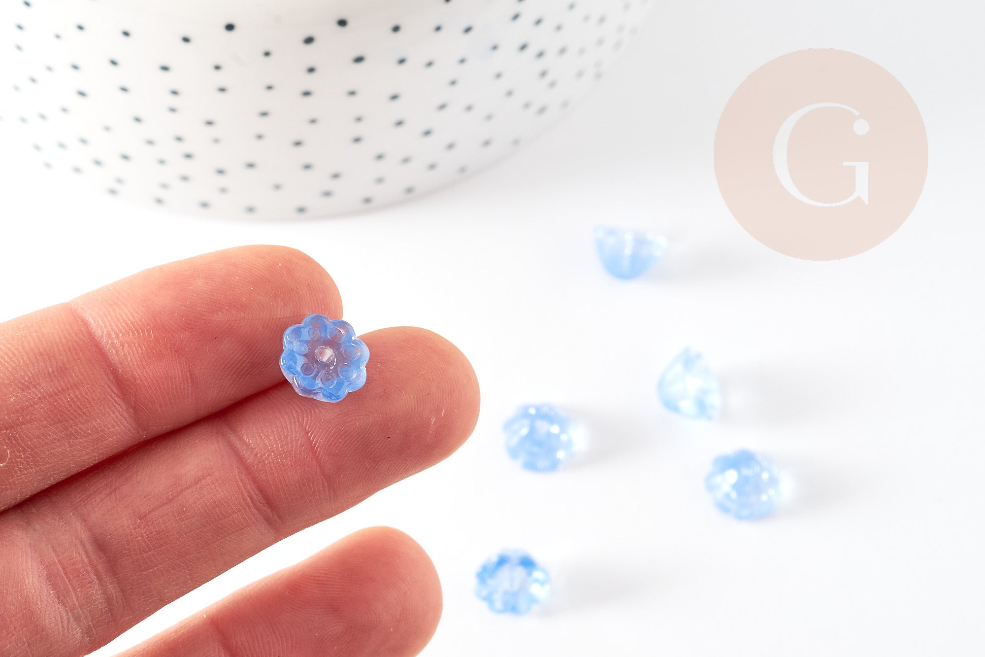 Perle fleur verre bleu ciel transparent imitation jade 11mm, perle création bijoux DIY x10 (G9254)