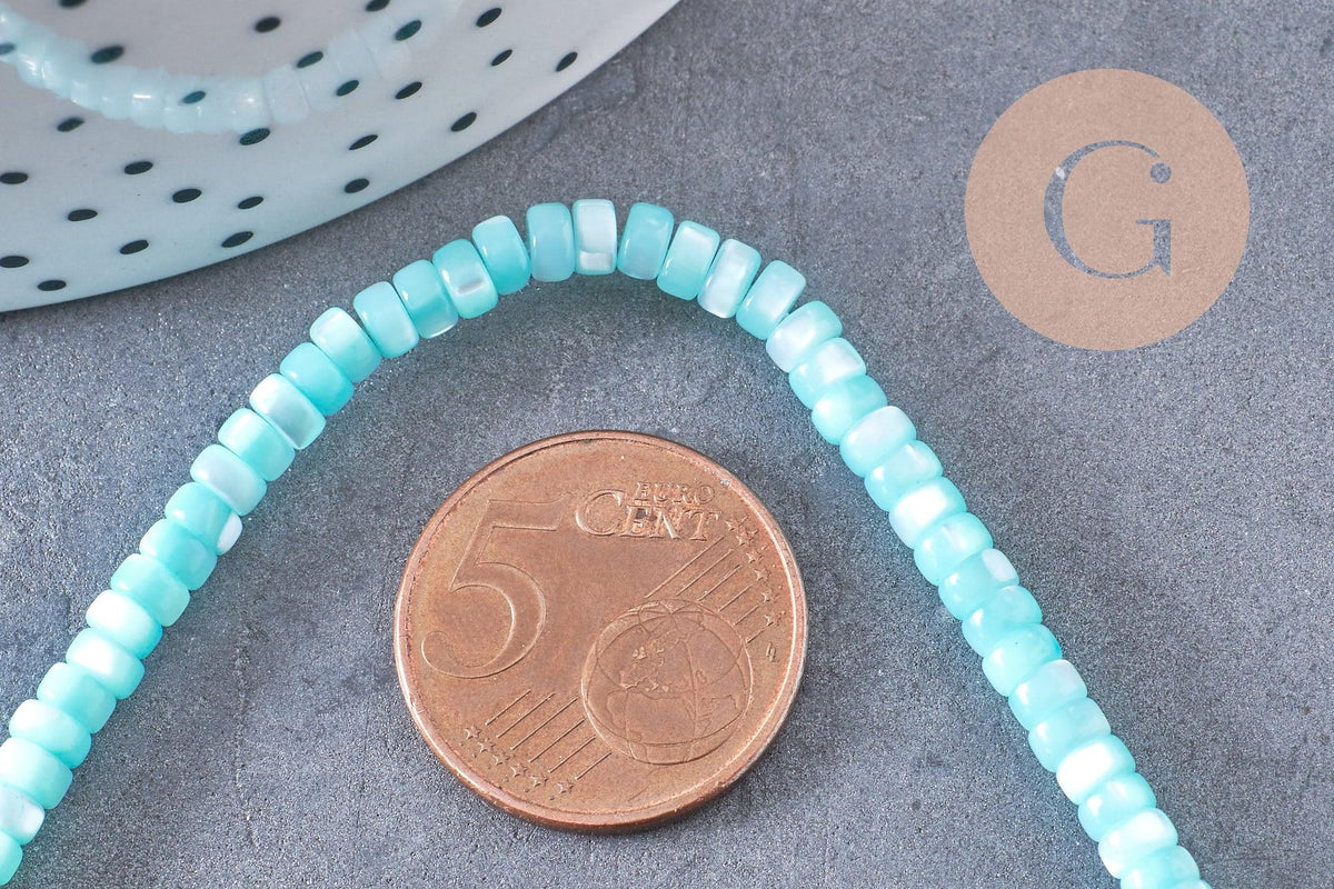 Perle nacre naturelle heishi bleu turquoise pastel,tube coquillage coloré,perle coquillage, 2x4mm, le fil x1 (G5411)