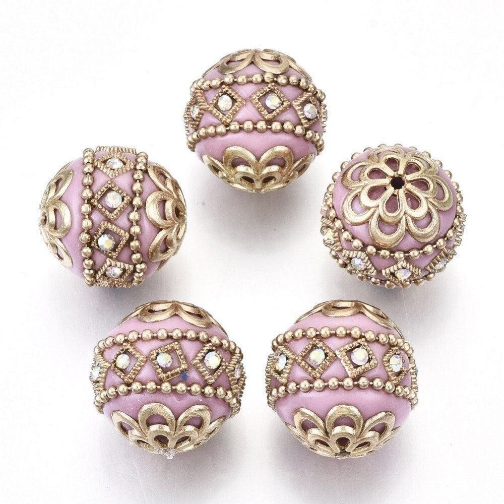 Perle indonésienne polymère rose clair strass et zamac doré 19.5mm,création bijou ethnique exotique, x1 G6253