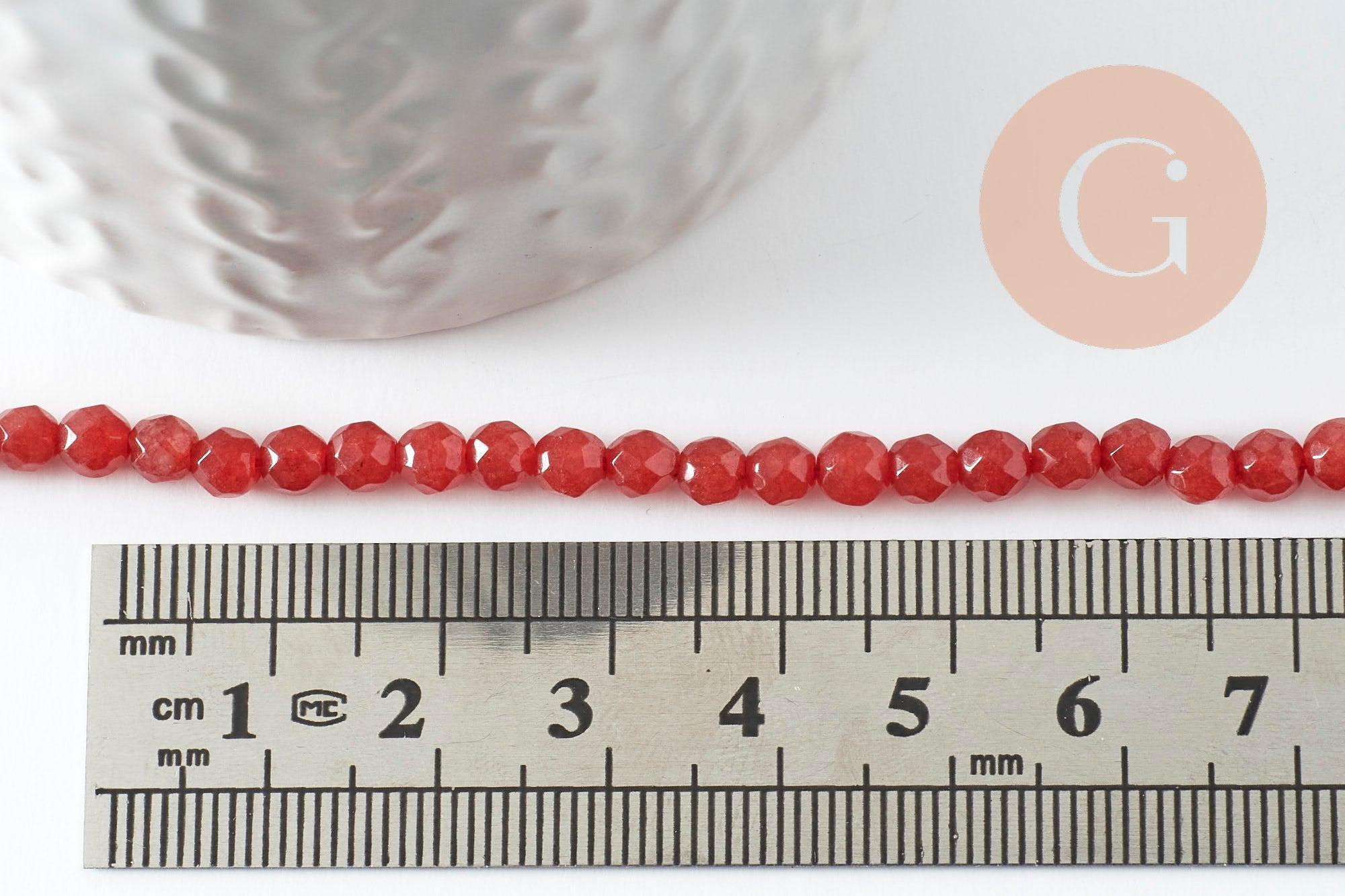 Perle jade rouge vif ,pierre naturelle,jade naturel, perle facette,jade,4mm,fil de 37 cm (G0887)