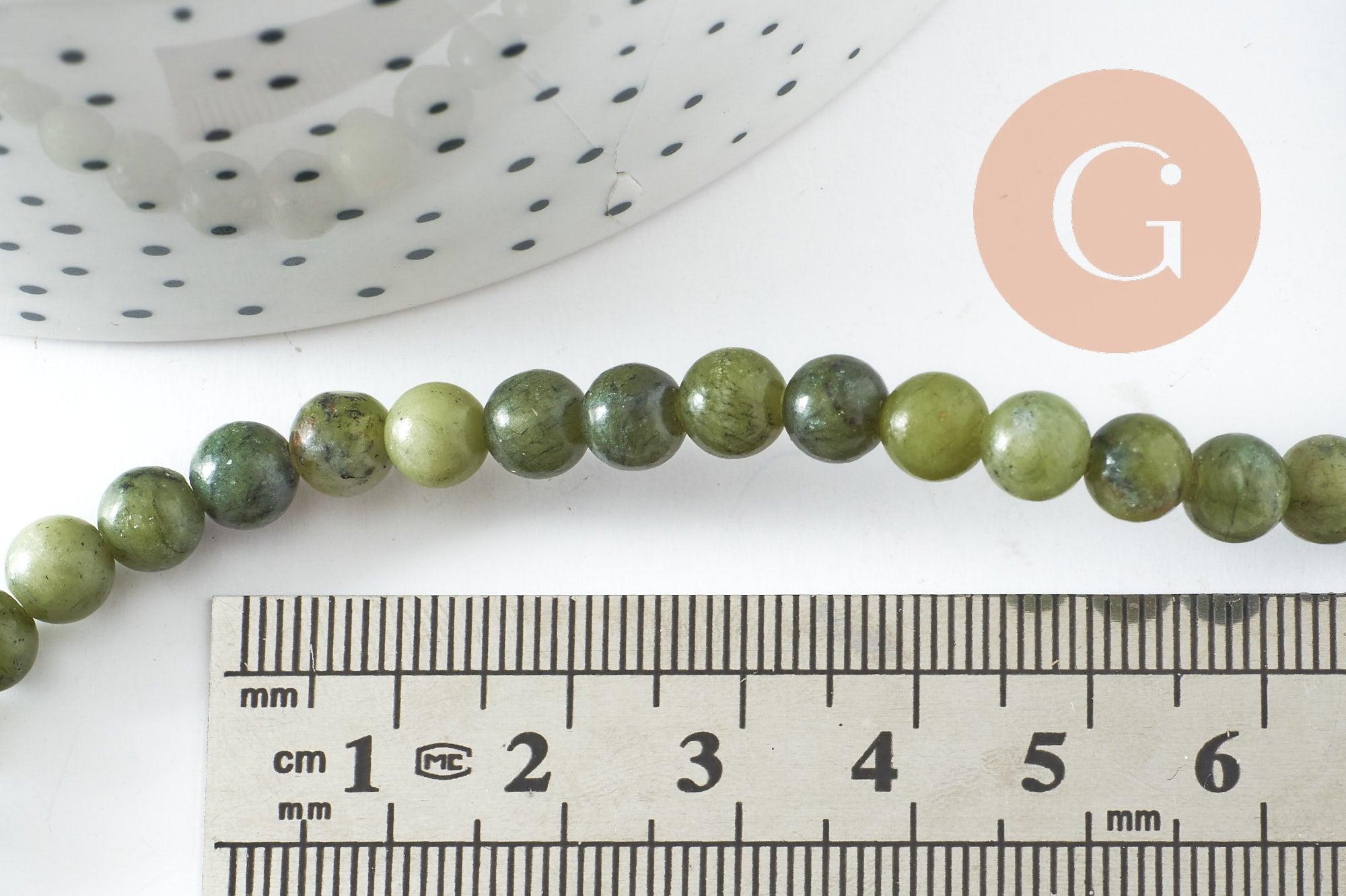 Perle jade vert olive ronde naturelle 6mm, x1 fil de 38cm (G3804)