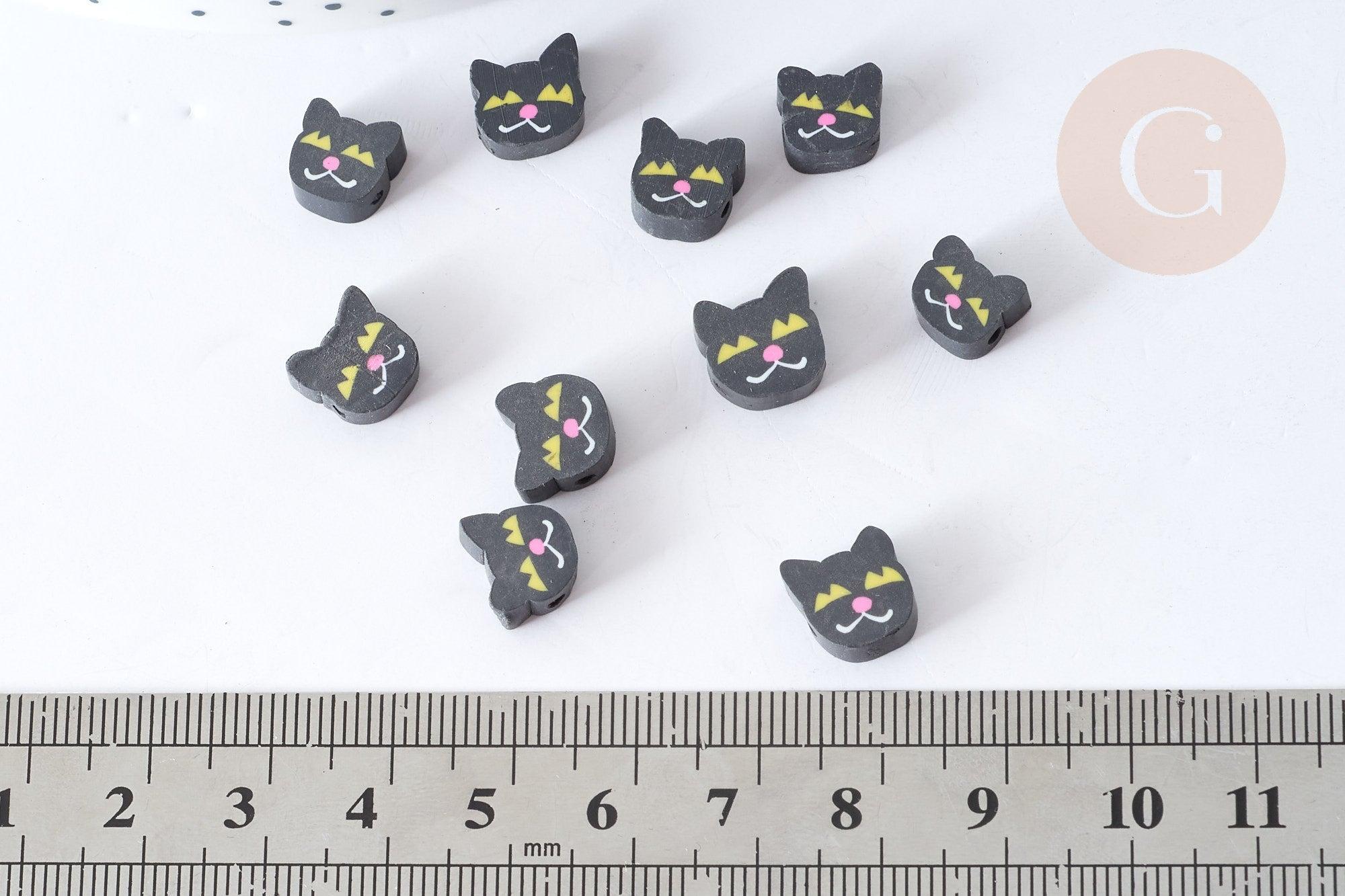 Perle polymère chats noirs, perle animal fantaisie DIY,8~10mm, x10 (G7963)