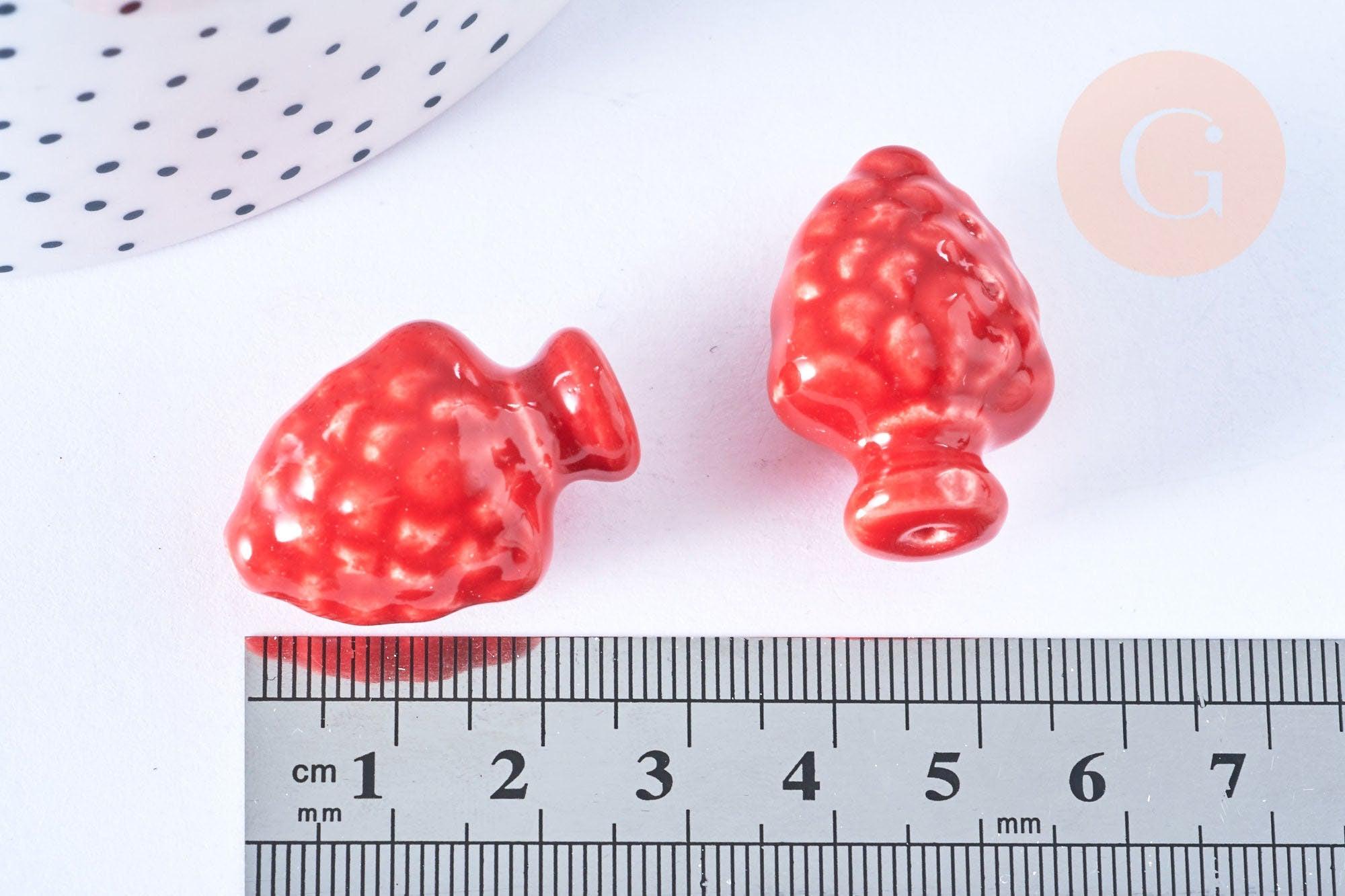 Perle porcelaine rouge pomme de pin,perle céramique, céramique blanche,19mm, x10 (G7876)