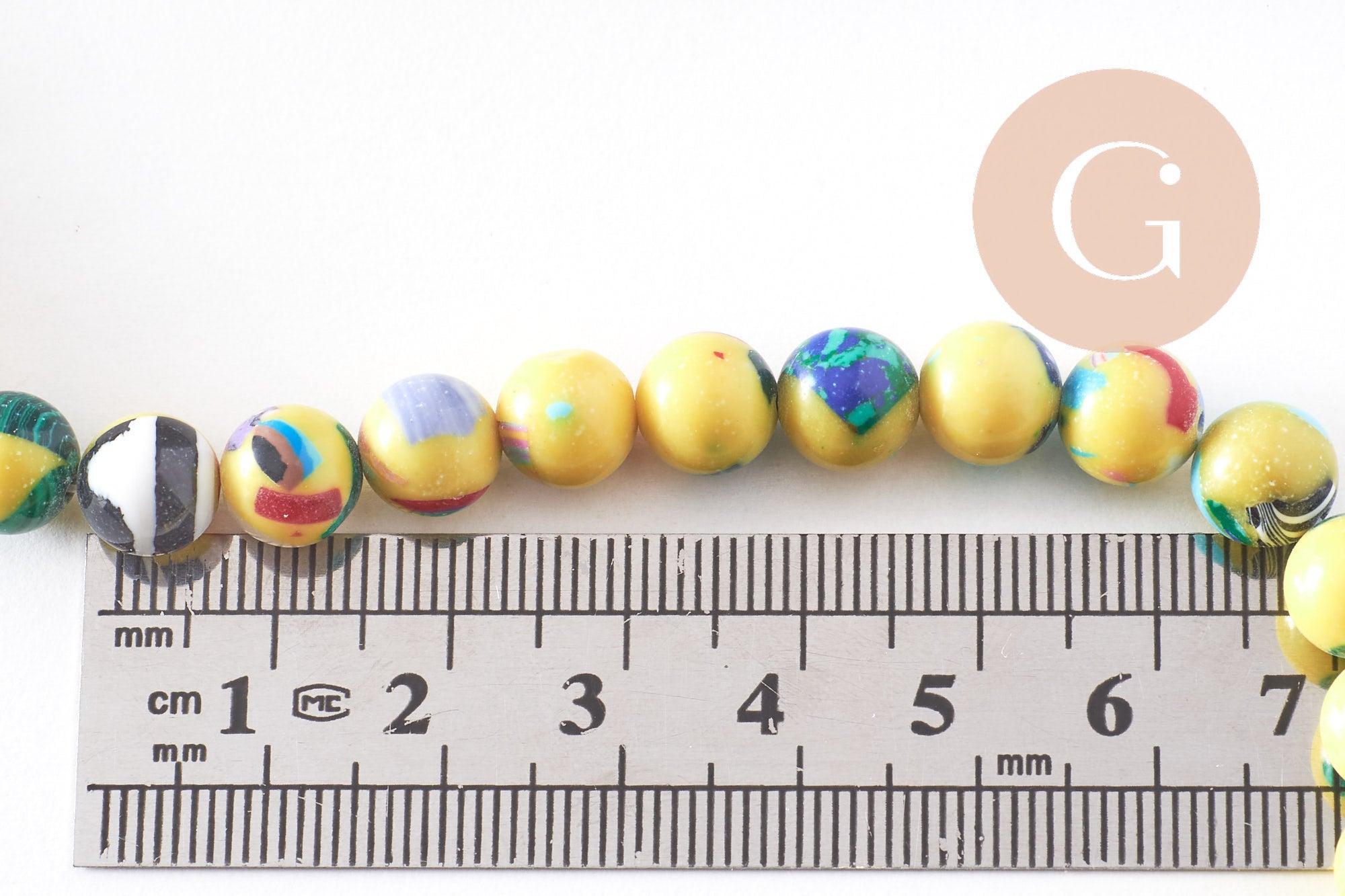 Perle résine ronde multicolore jaune, perle turquoise, turquoise synthétique, 8mm, fil de 40cm, x1 (G1702)
