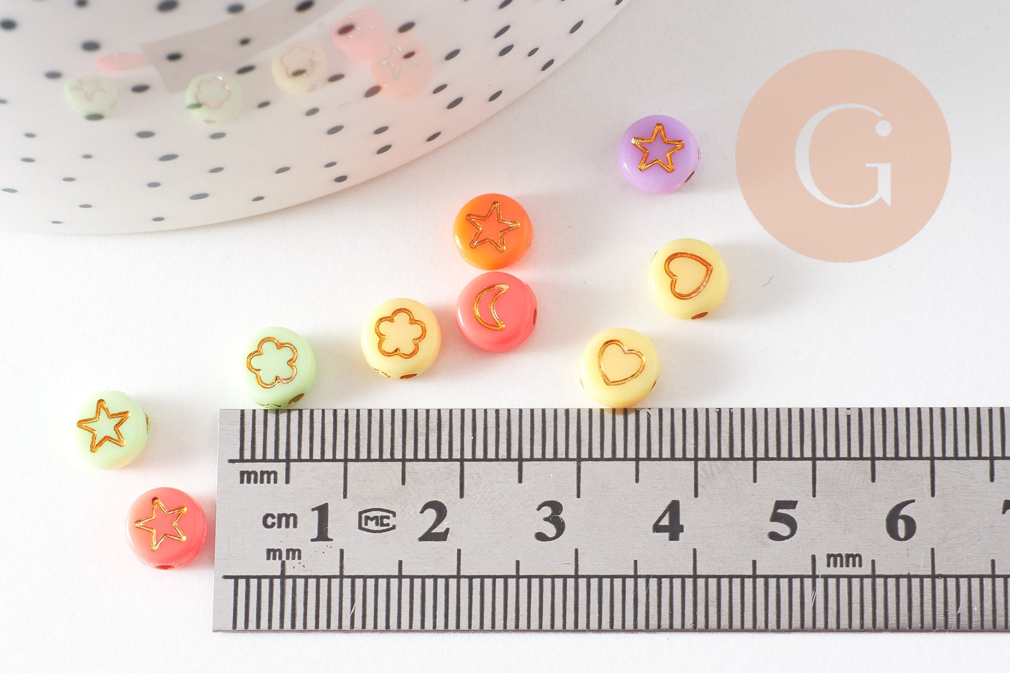 Perle ronde Symboles plastique multicolore pastel doré, x10 grammes (G10557)