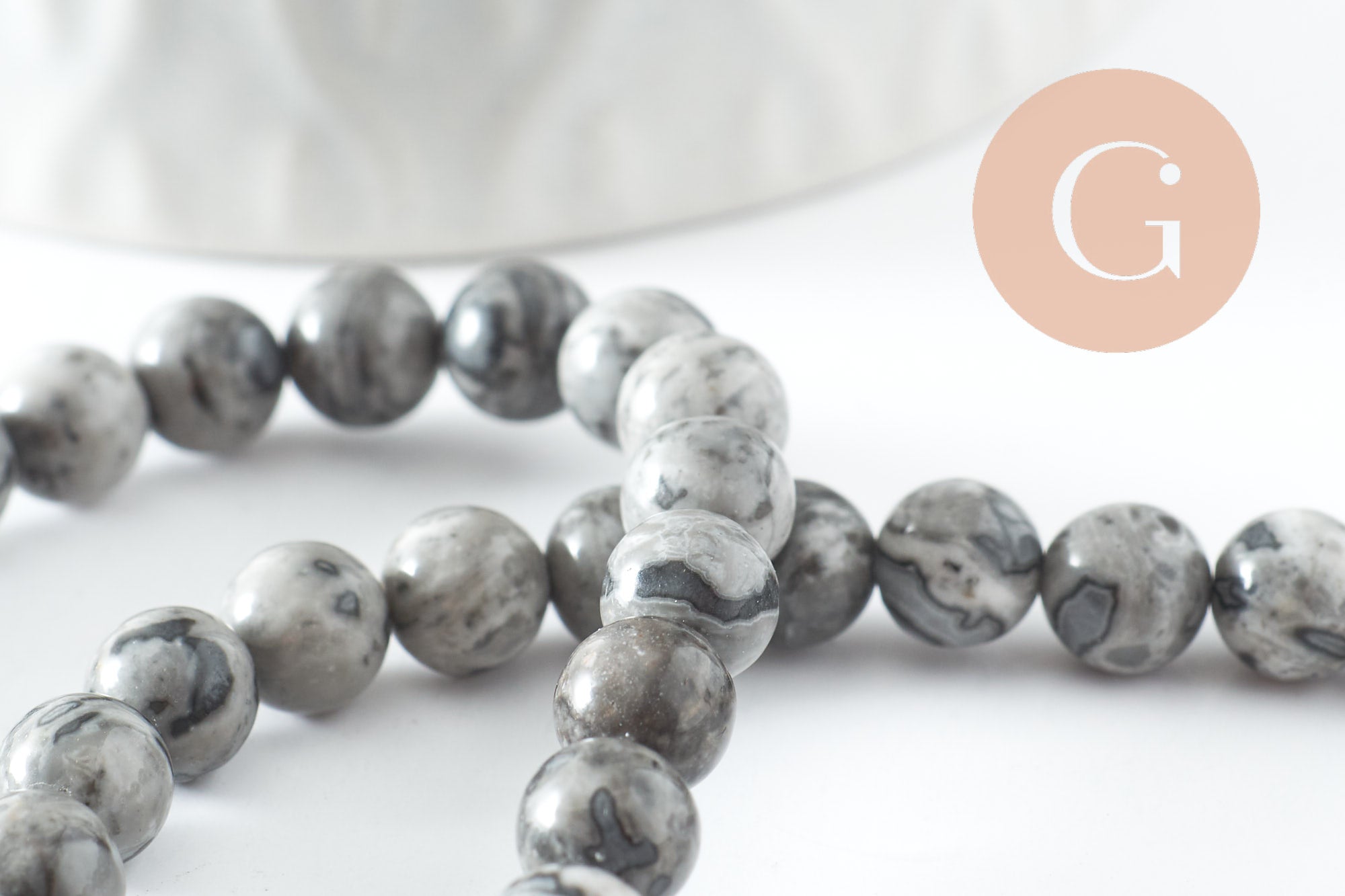 Perle ronde jaspe picasso naturel gris 6mm, x1 fil de 65 perles (G0540)