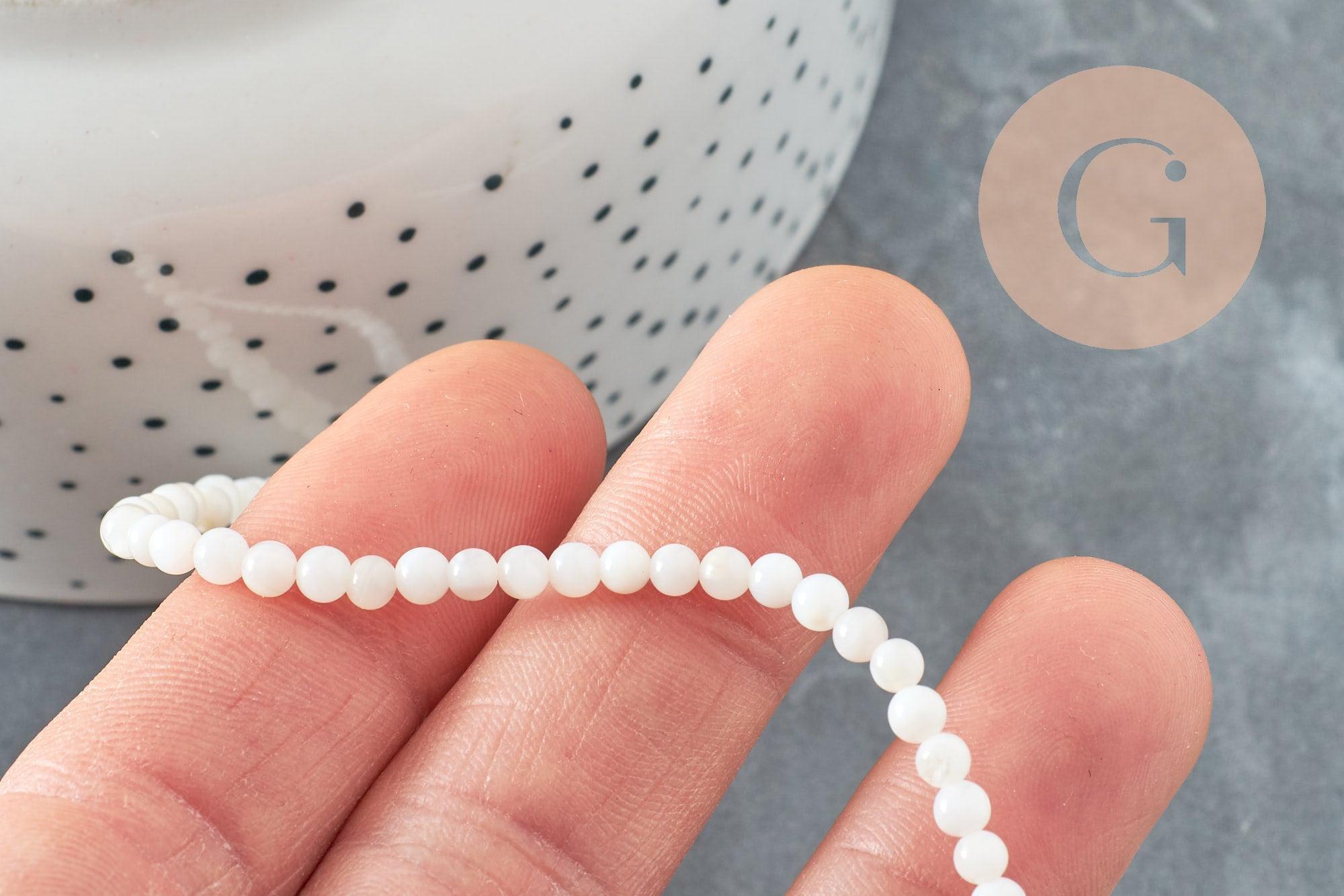 Perle ronde nacre coquillage blanc 3mm,perle en coquillage pour fabrication bijoux nacre, le fil de 40cm, x1 (G5581)