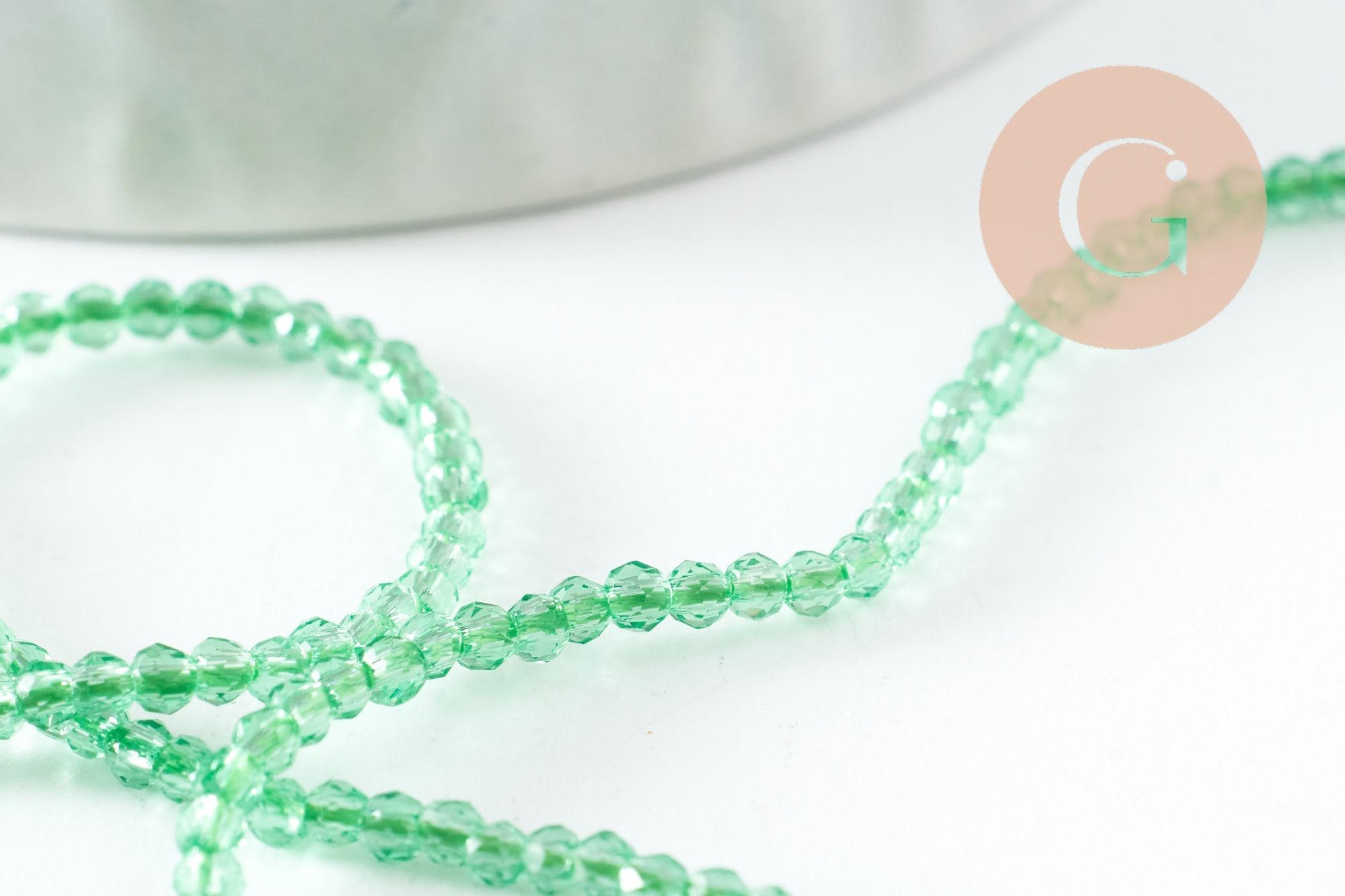 Perle ronde verre facettée transparente vert clair 2mm, DIY, fil de 37cm, x1 (G7445)