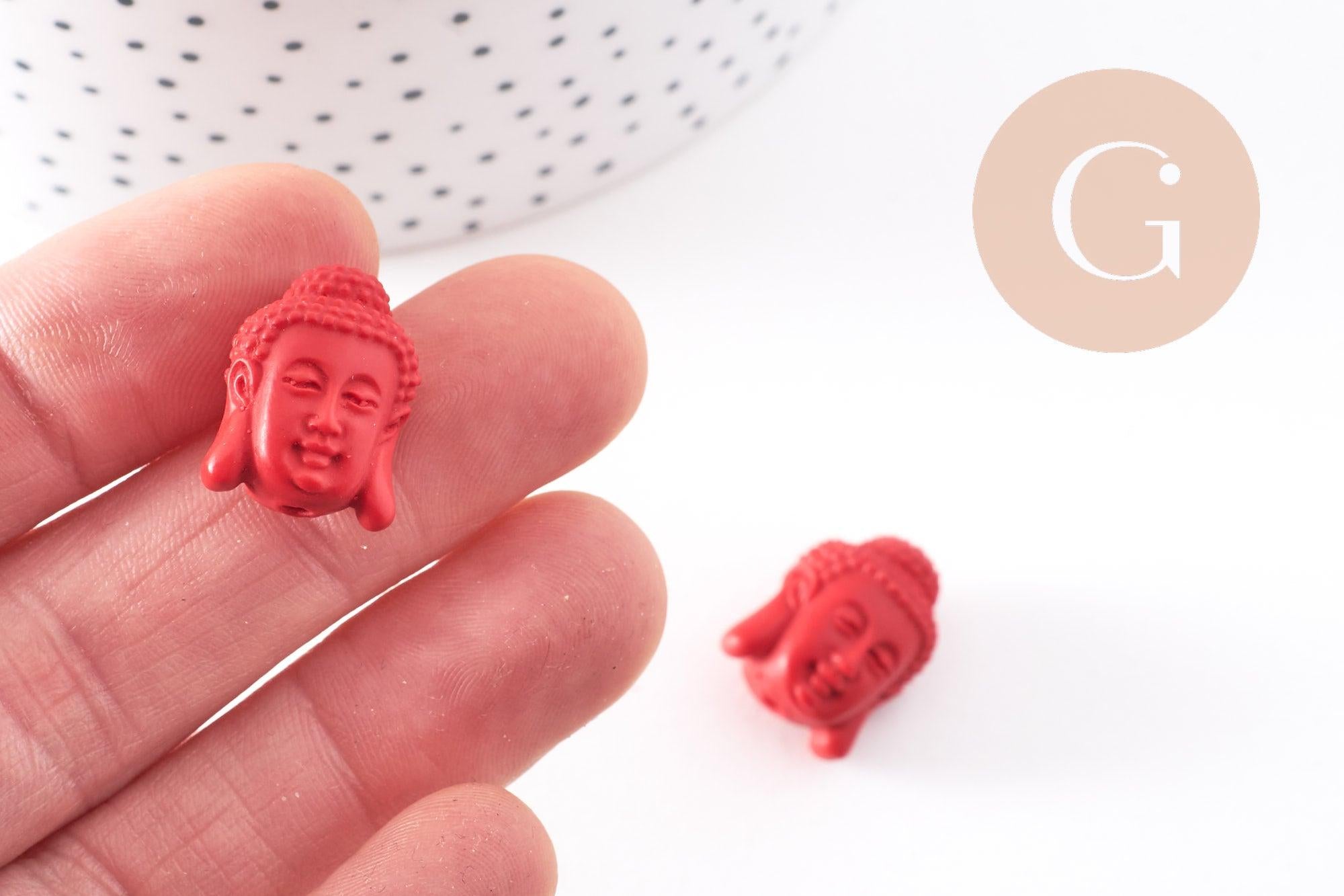 Perle tête de Bouddha résine rouge, perle inde bouddhisme spiritualité,perle voyage inde,18mm, x2 (G4167)