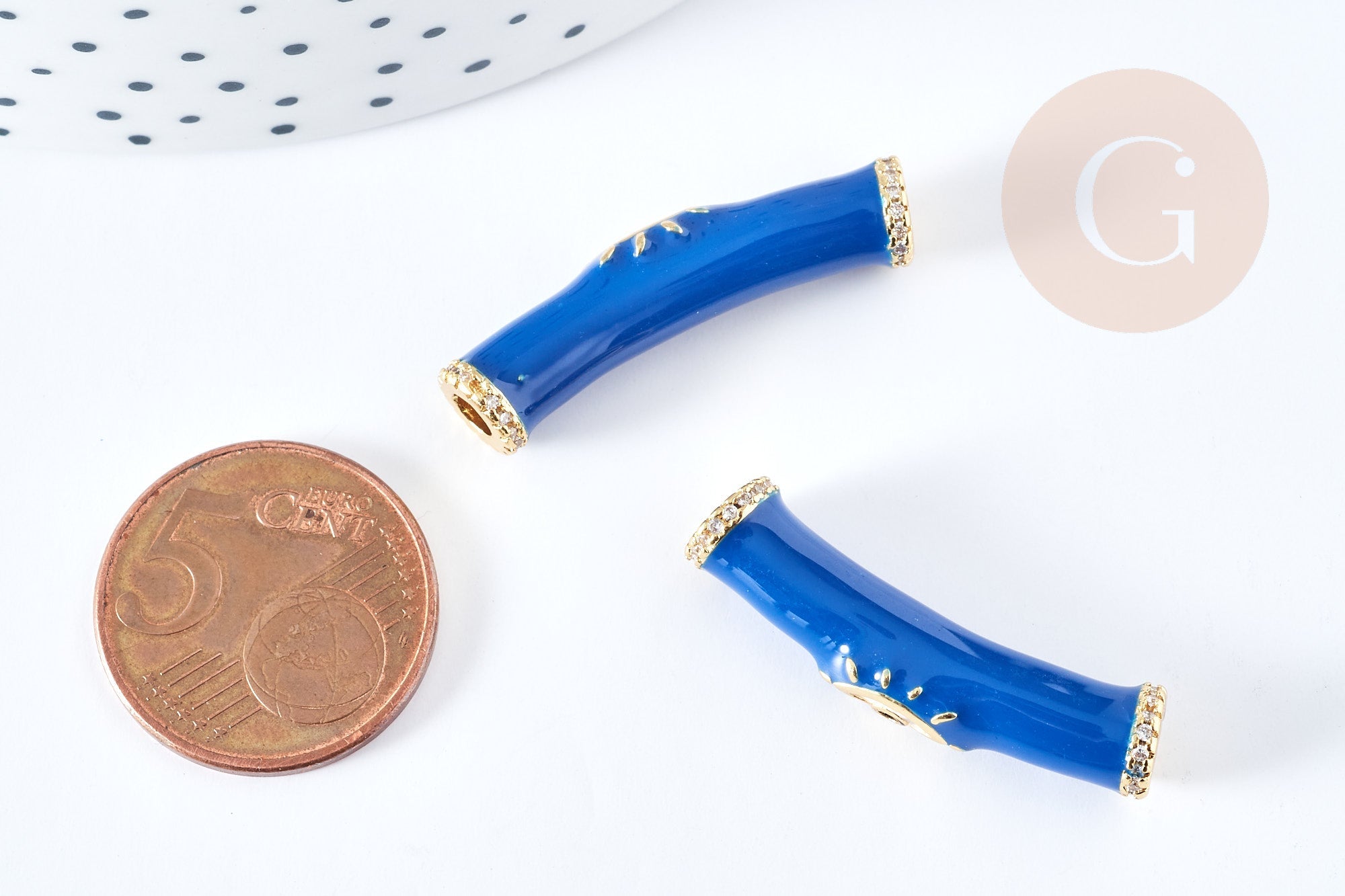Perle tube doré talisman oeil protecteur laiton doré 18K émail bleu 32mm, x1 (G8678)