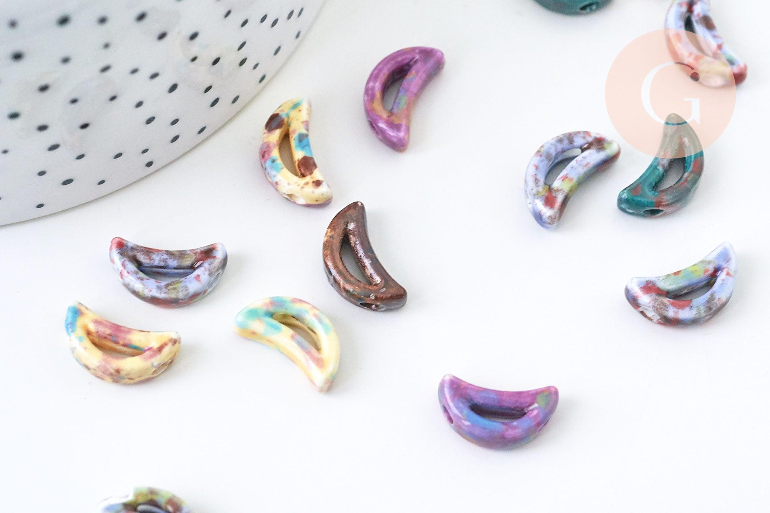 Perles en porcelaine lune 16mm émail multicolore, création bijoux porcelaine céramique, x5 (G5649)