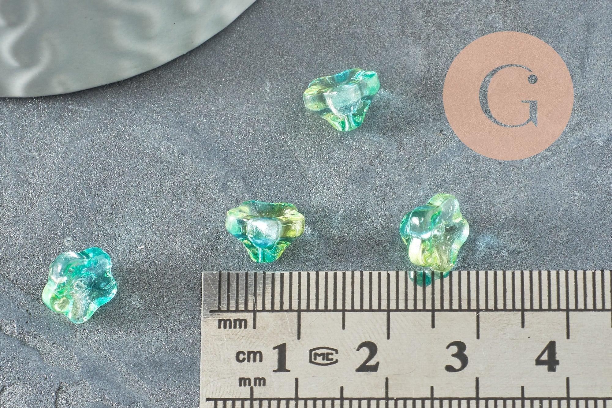 Perles fleur verre tchèque bleu vert transparent 8.5mm, x10 (G9836)