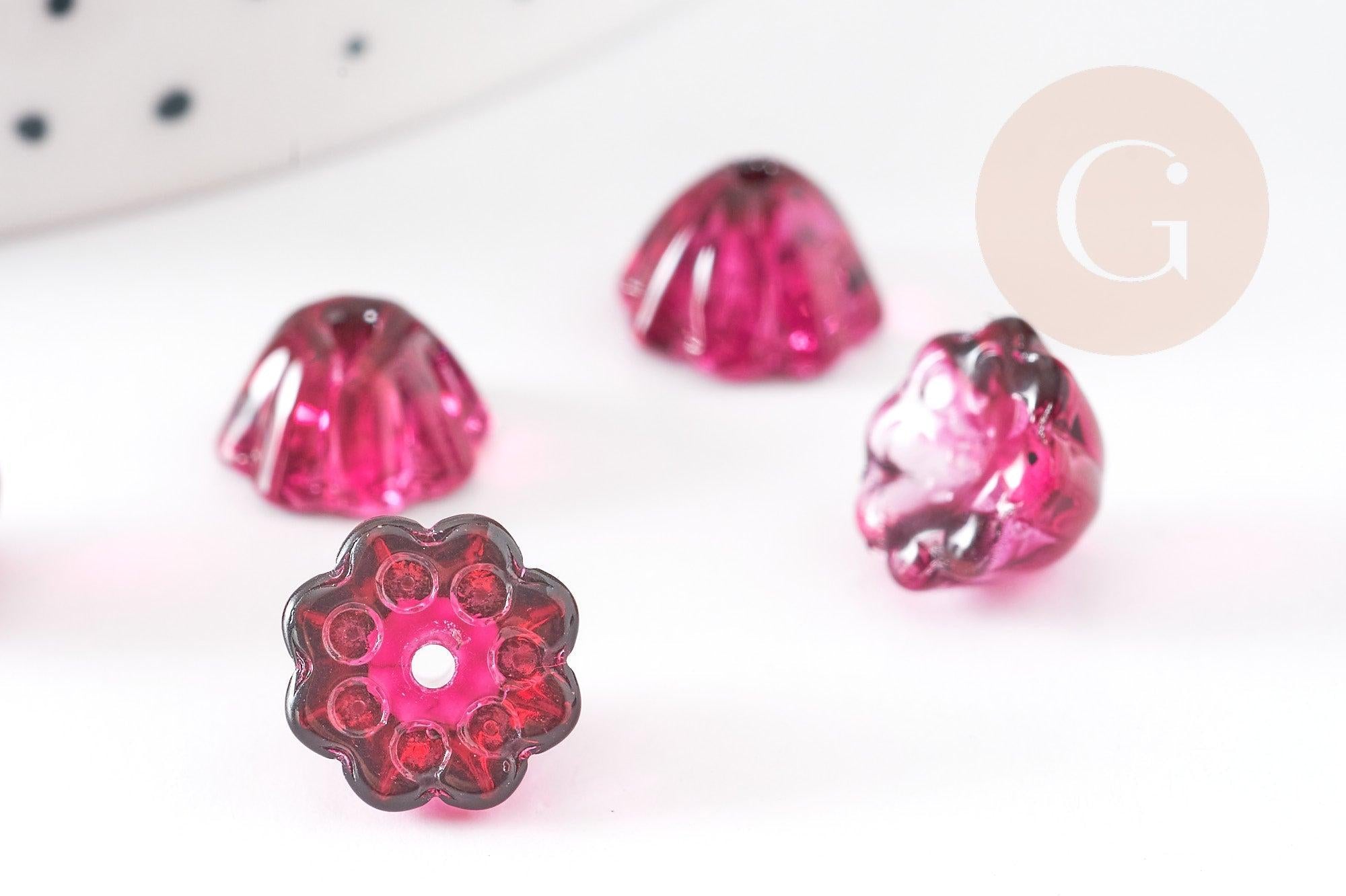 Perles fleur verre rouge et or 11mm, perles verre tchèque, perles fleur, verre violet, x10 (G4190)
