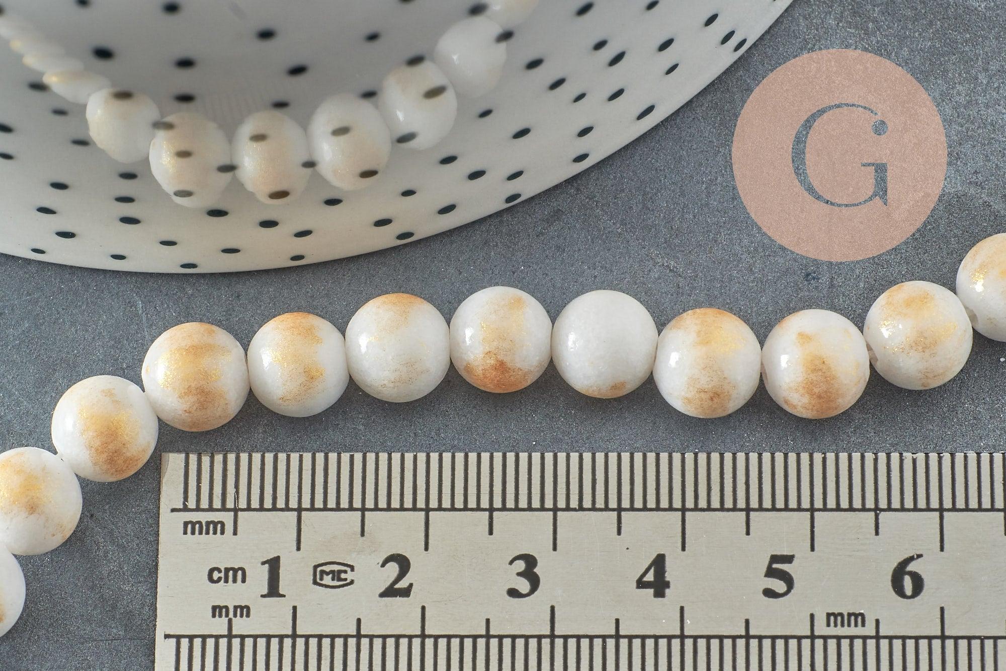 Perles jade blanc et or, perles rondes, jade mashan bleu,pierre naturelle, 8mm, fil de 40cm, x1 (G1800)