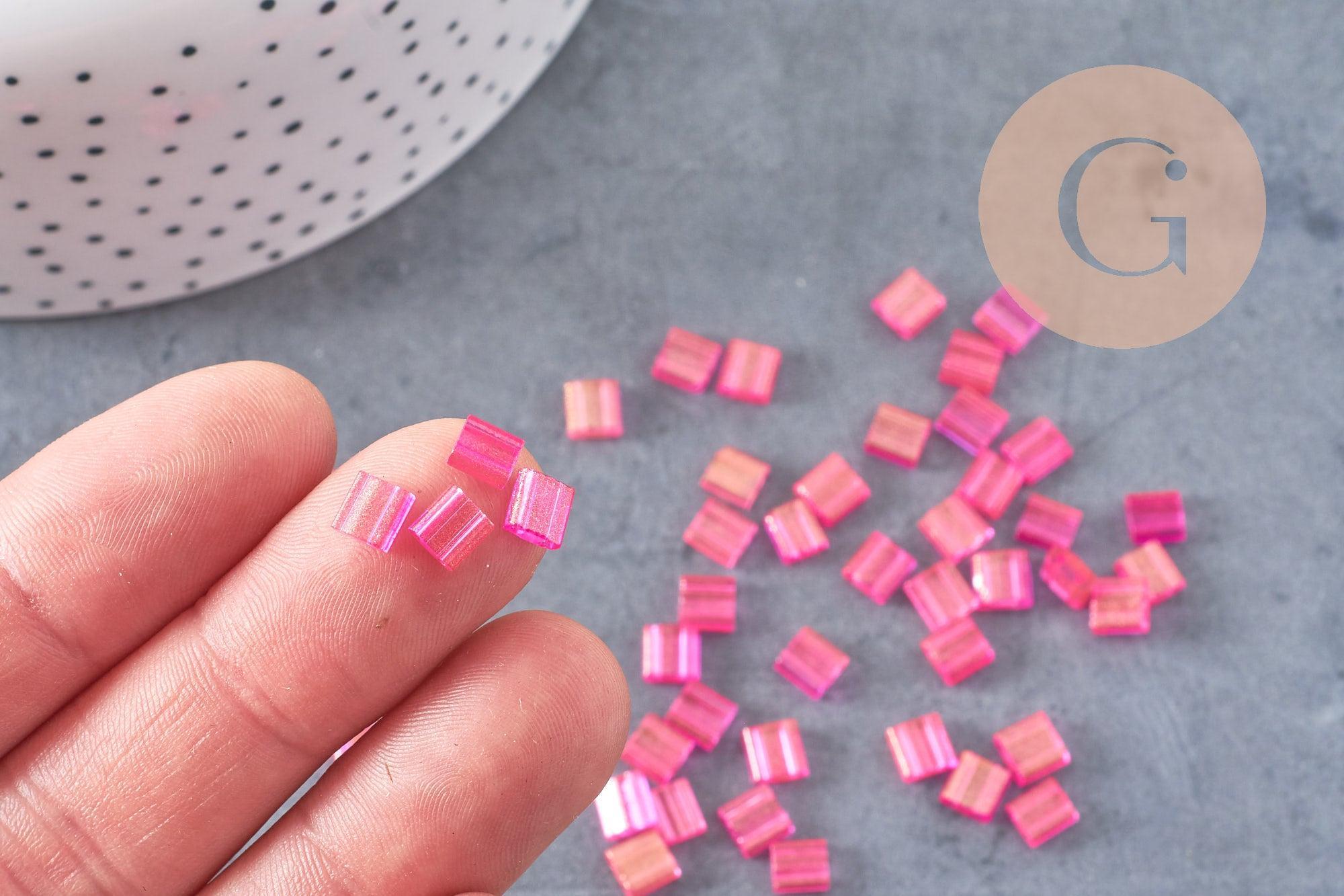Perles rocaille carré verre rectangle Rose Fuchsia or nacré façon Tila 4.5mm 2 trous, x50 (G4451)