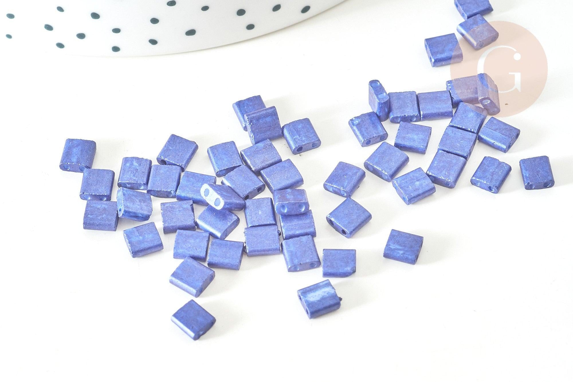 Perles rocaille carré verre rectangle bleu nuit, perle carré création bracelet, perle tila,4.5mm,2 trous, x50 (4.8GR) (G7756)