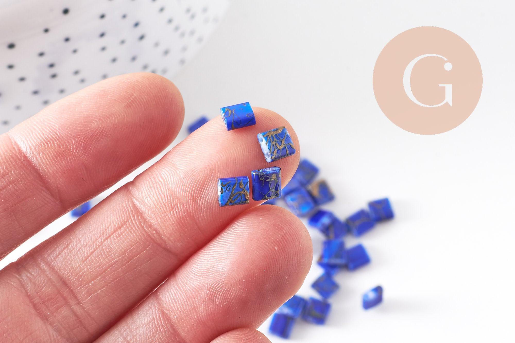 Perles rocaille carré verre rectangle bleu, façon perle tila,4.5mm/2 trous, x50 (G5476)