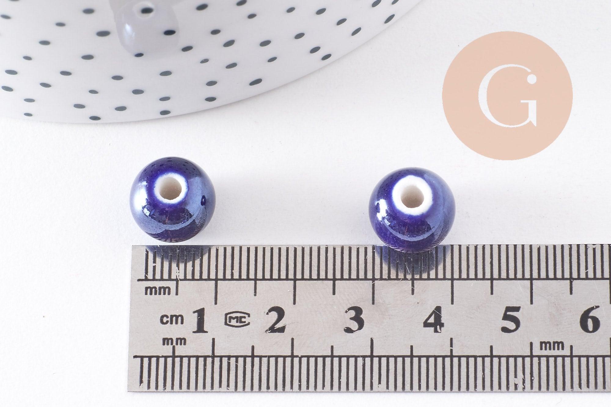 Perles ronde porcelaine bleu irisé,perle ronde bleu canard, porcelaine bleue, 1cm, x5 (G1162)