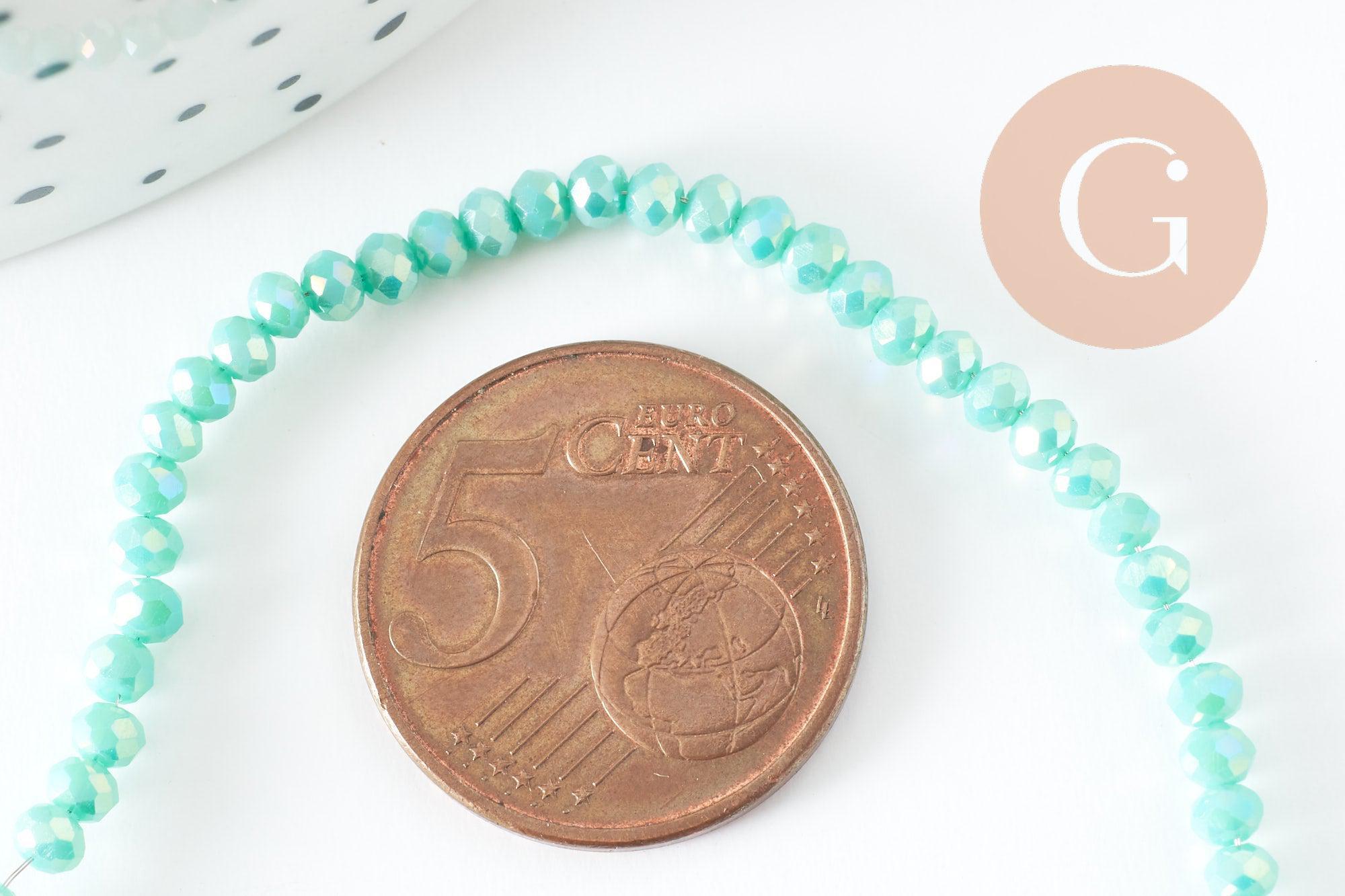 Perles rondelle verre irisée facettée vert irisé AB 3x2mm, création bijoux cristal, fil de 42cm, x1 (G7392)