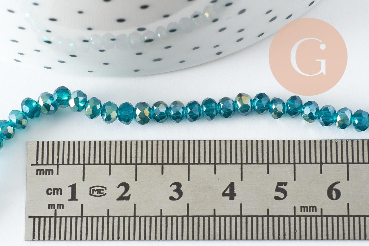 Perles rondelles verre transparent bleues turquoise AB facetté 4x3mm, x1 fil de 42cm (G8254)