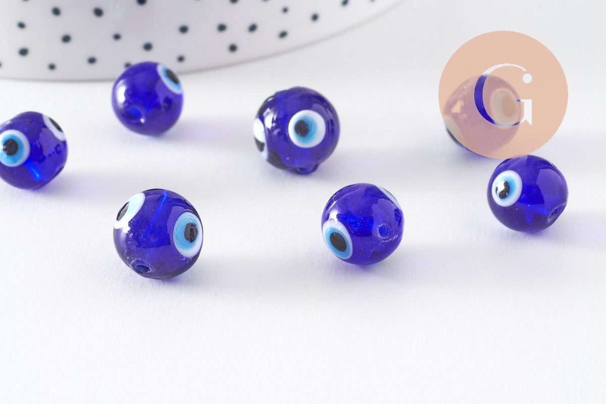 Perles rondes Mauvais Oeil bleue,perle Bijoux, perles rondes,perle verre artisanal chance pour création bijoux, 12mm, x10 (G3338)