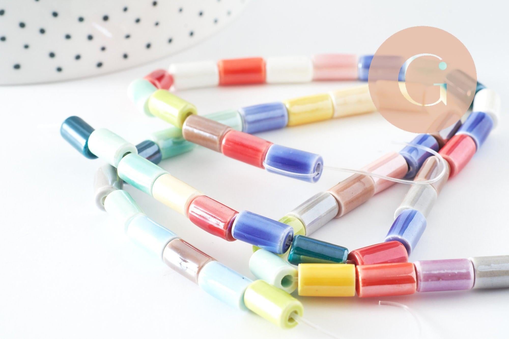 Perles tube porcelaine multicolore 11mm, création bijoux fantaisie DIY, fil de 30cm, x1 (G9659)
