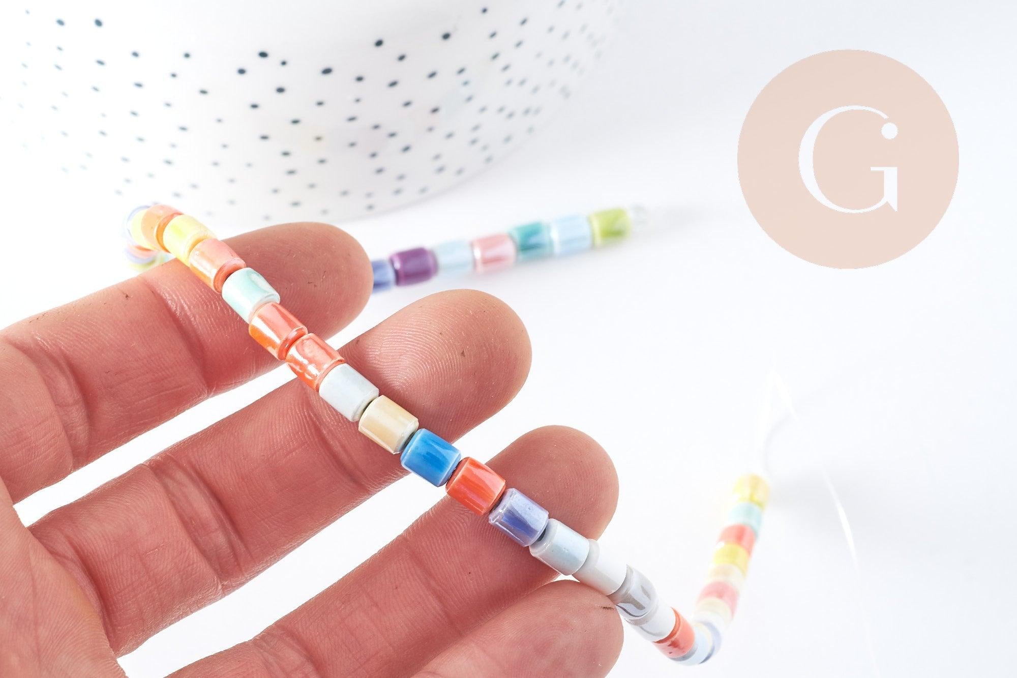 Perles tube porcelaine multicolore 6.5mm, création bijoux fantaisie DIY, fil de 30cm, x1 G8986