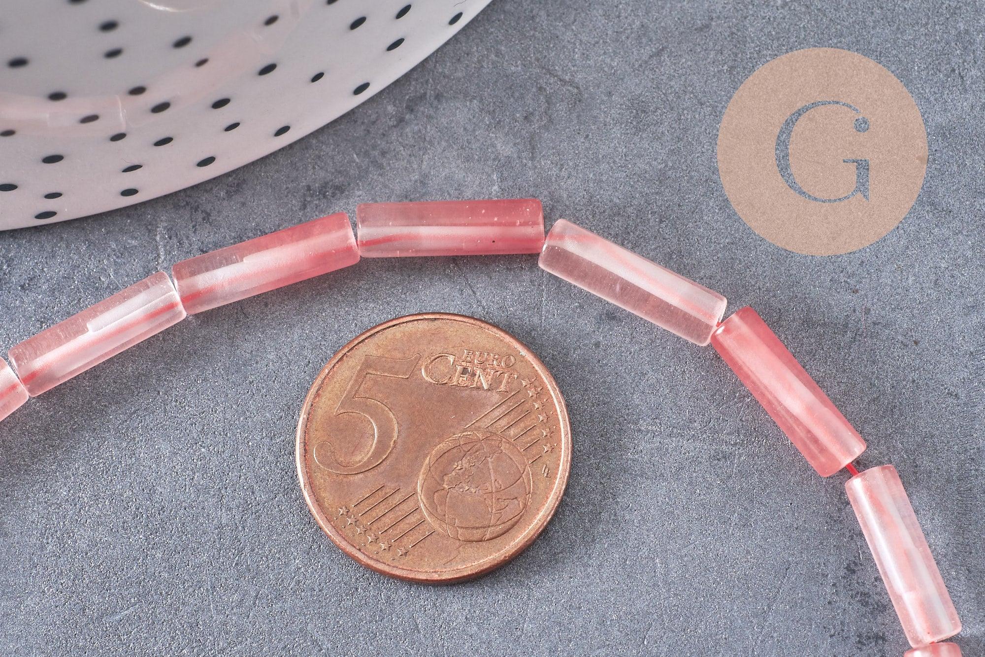 Perles tube quartz cerise verre 13mm, x1 fil de 37cm (G4159)