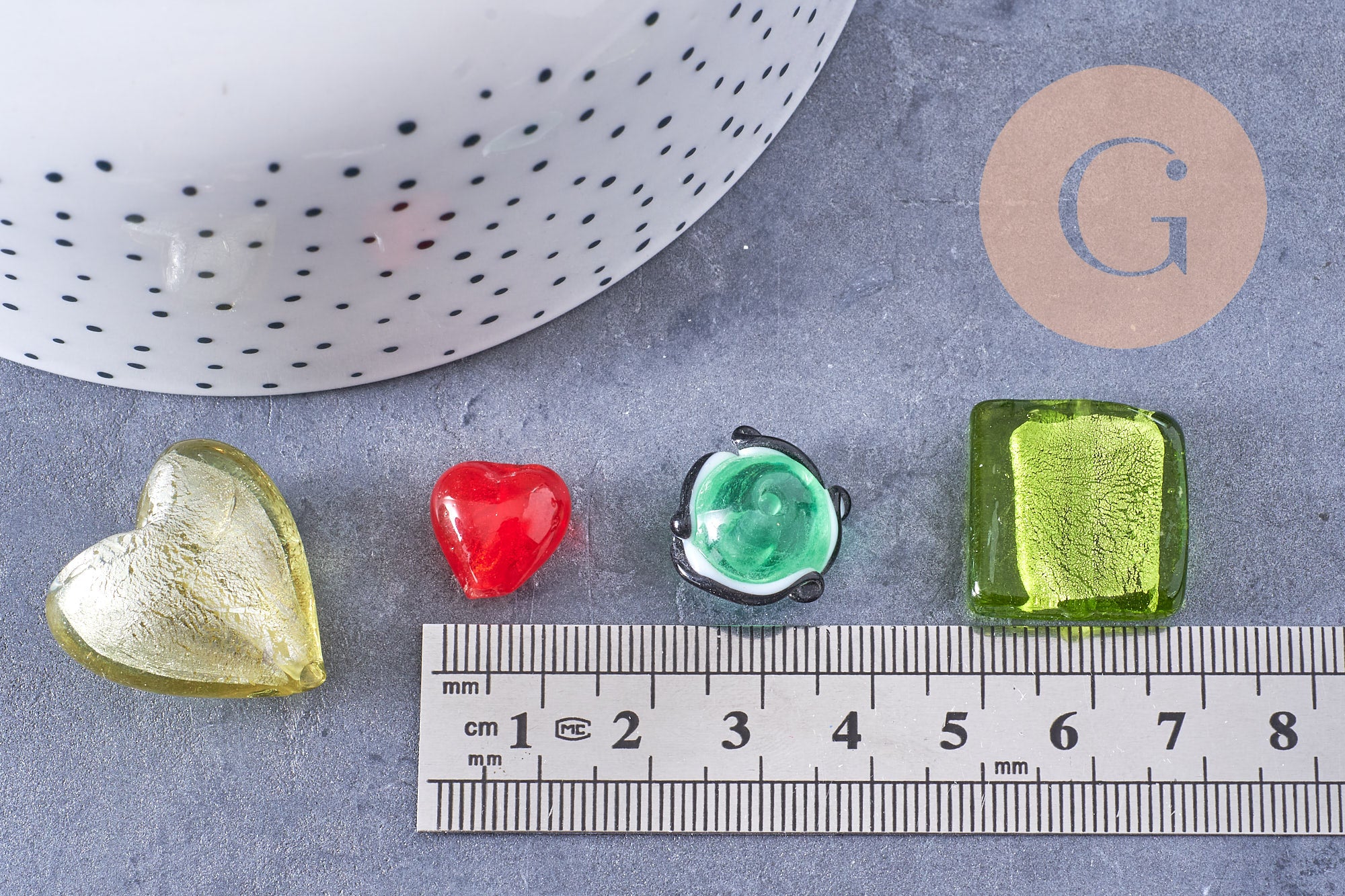Perles verre murano formes et couleurs multiples, perles feuille argent, x10 (G0741)