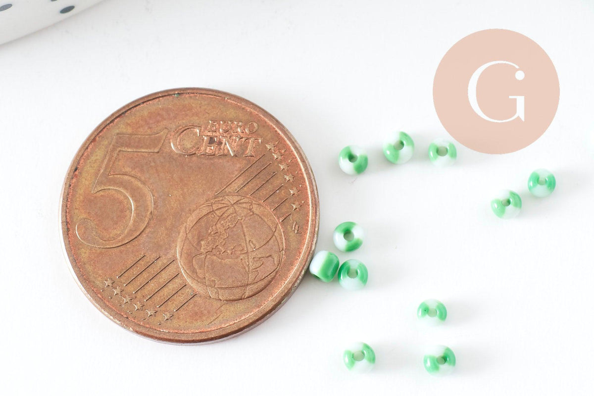 Petite Perle rocaille rayé vert blanc 1.5x2mm, x10gr (G9428)