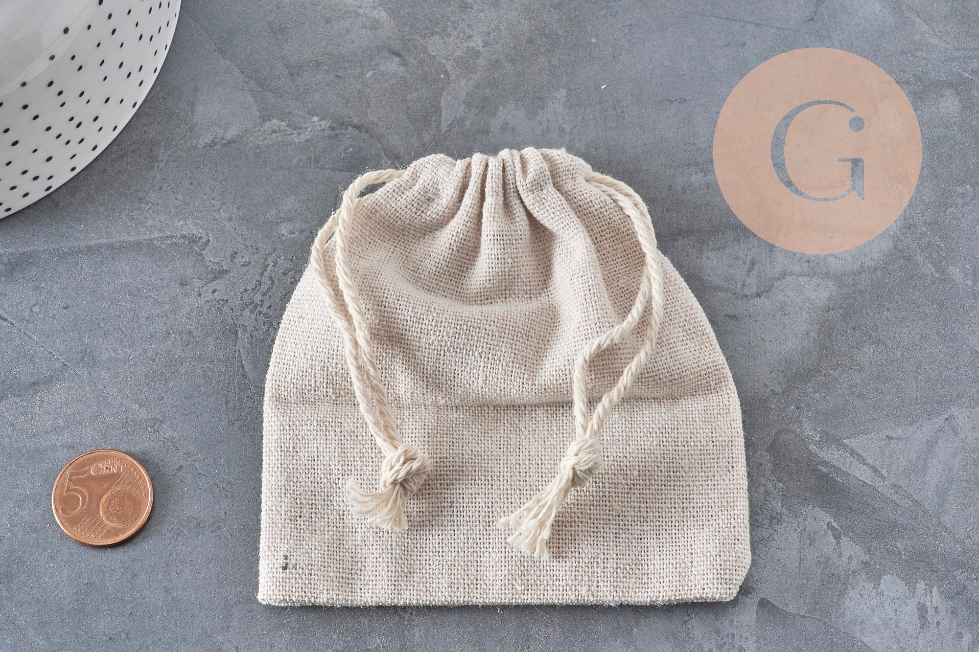 Bolsa para joyas de algodón blanco crudo 12 cm, x1 (G2376)