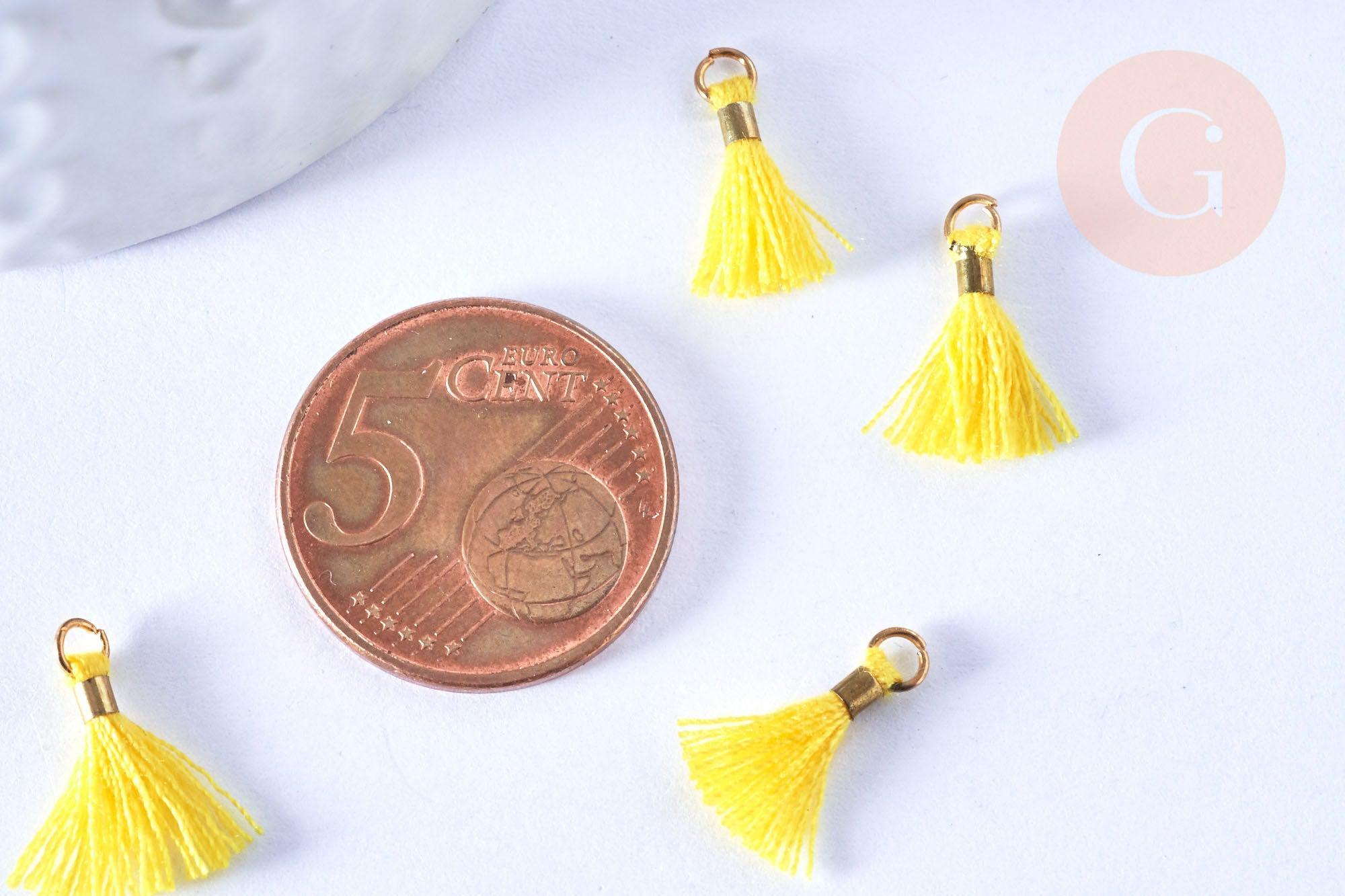 Pompon jaune polyestère support doré,décoration pompon, pompon boucles,fabrication bijoux bohème,10-16mm, x10 (G4262)
