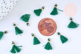 Pompon vert émeraude polyestère support doré,décoration pompon, pompon boucles,fabrication bijoux bohème,10-15mm, x10 ( G5563)
