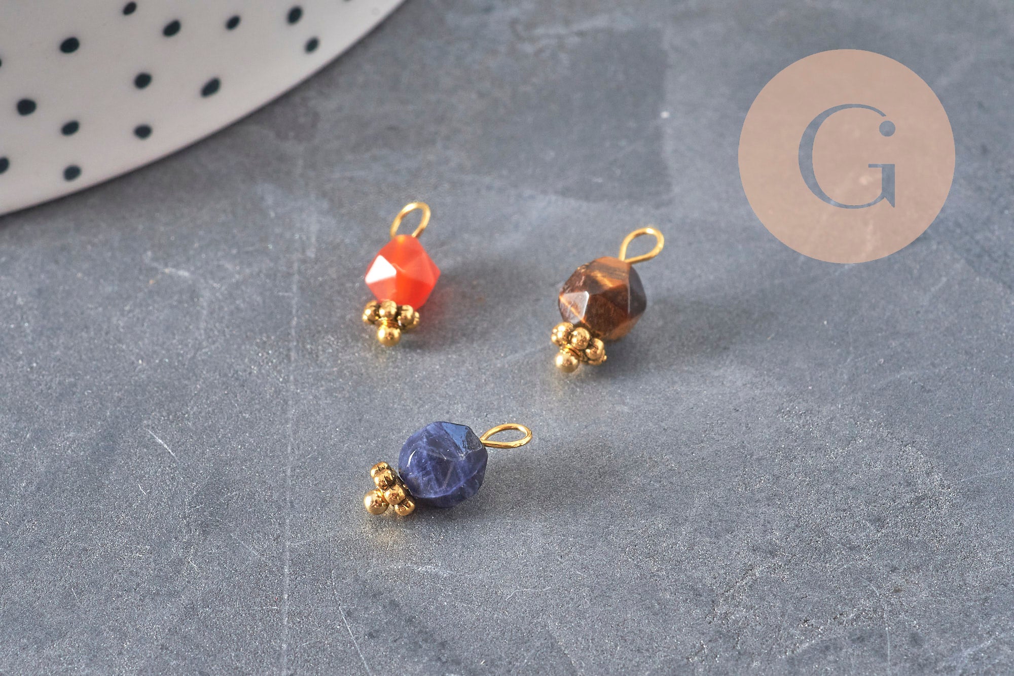 Hexagon charm natural stones gold-plated brass 12mm, x1 (G8343)