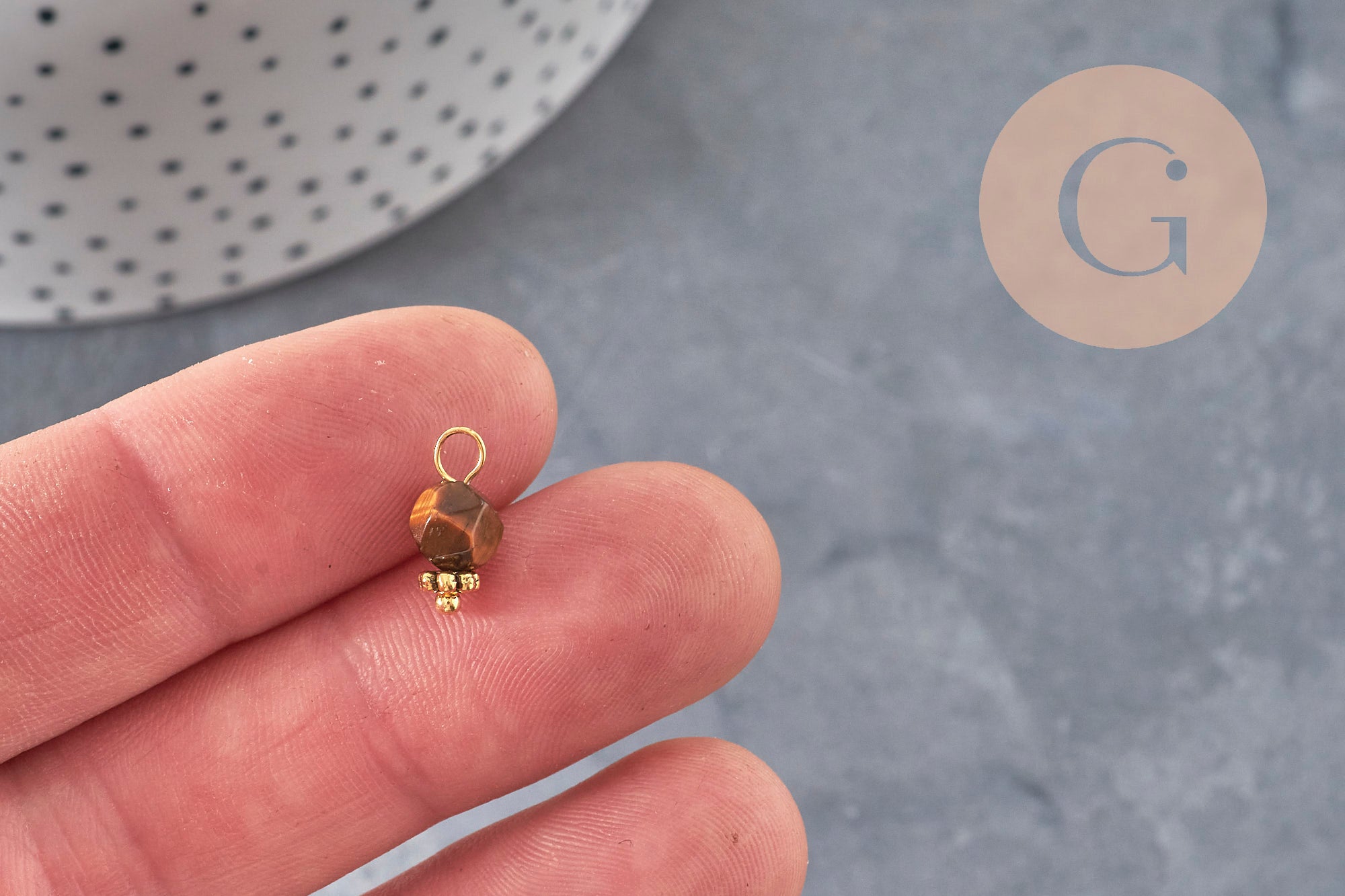 Hexagon charm natural stones gold-plated brass 12mm, x1 (G8343)