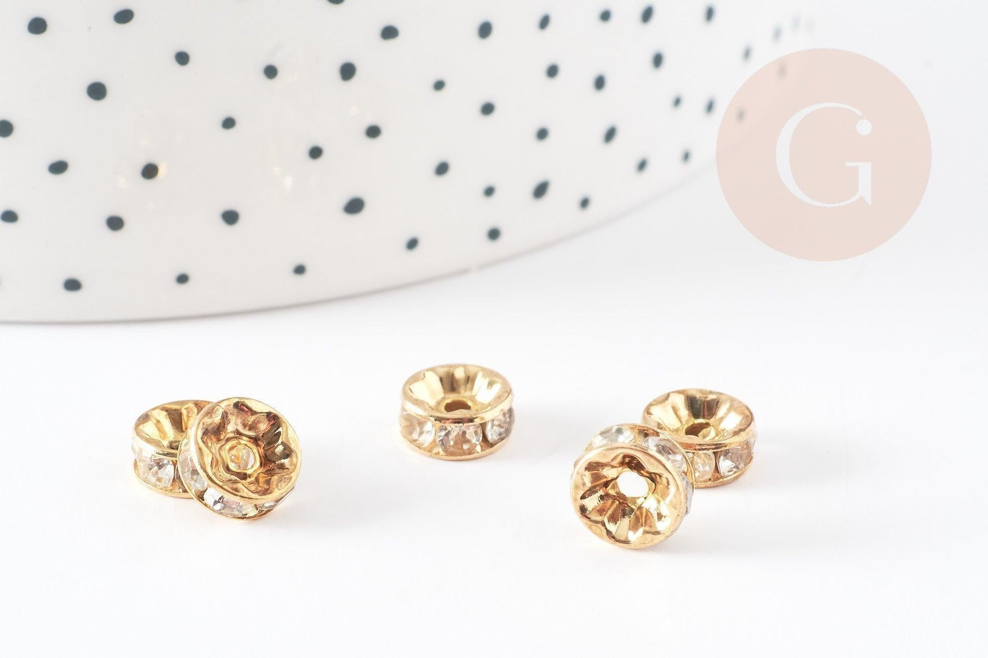 Rondelle fer doré zircon grade B 8mm, perles dorées, perle intercalaire, perle disque, x10 (G5739)