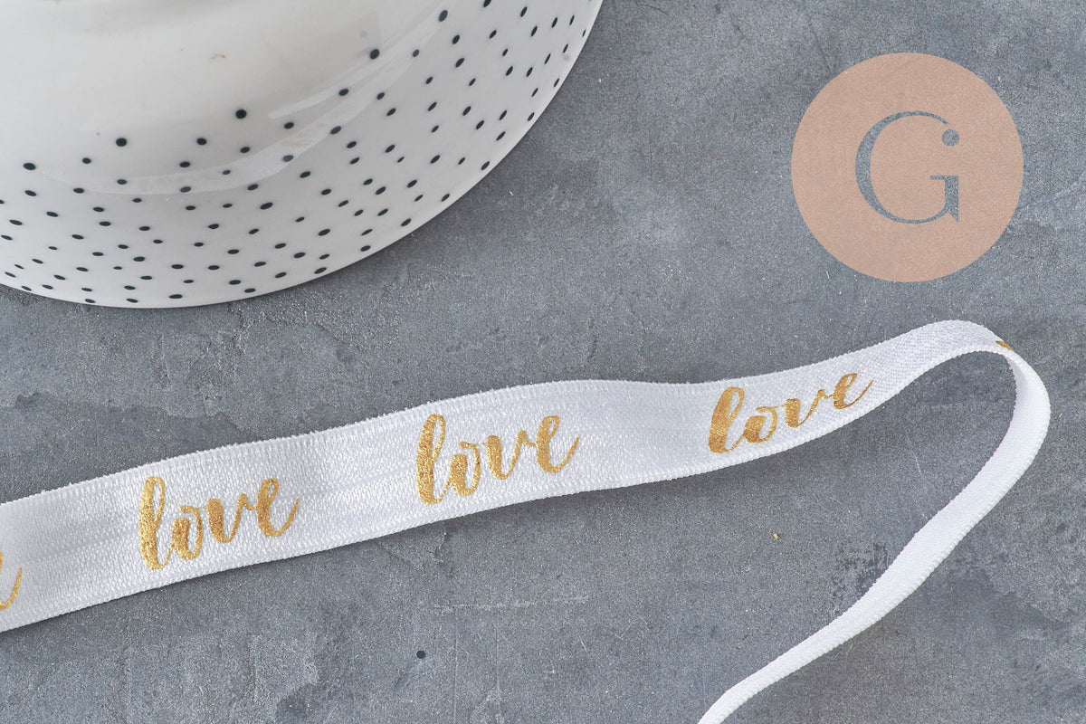 Ruban élastique blanc or LOVE EFJF,bracelet EVJF,ruban mariage, scrapbooking,16mm, x1 ou x5 ou x10 mètres (G4001)