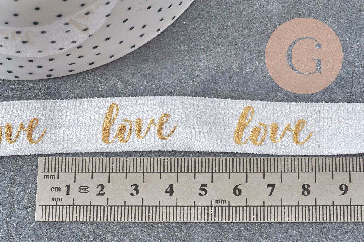 Ruban élastique blanc or LOVE EFJF,bracelet EVJF,ruban mariage, scrapbooking,16mm, x1 ou x5 ou x10 mètres (G4001)