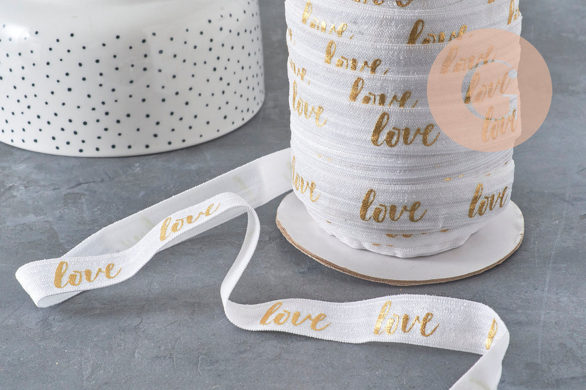 Ruban élastique blanc or LOVE EFJF,bracelet EVJF,ruban mariage, scrapbooking,16mm, x1 ou x5 ou x10 mètres (G4001)