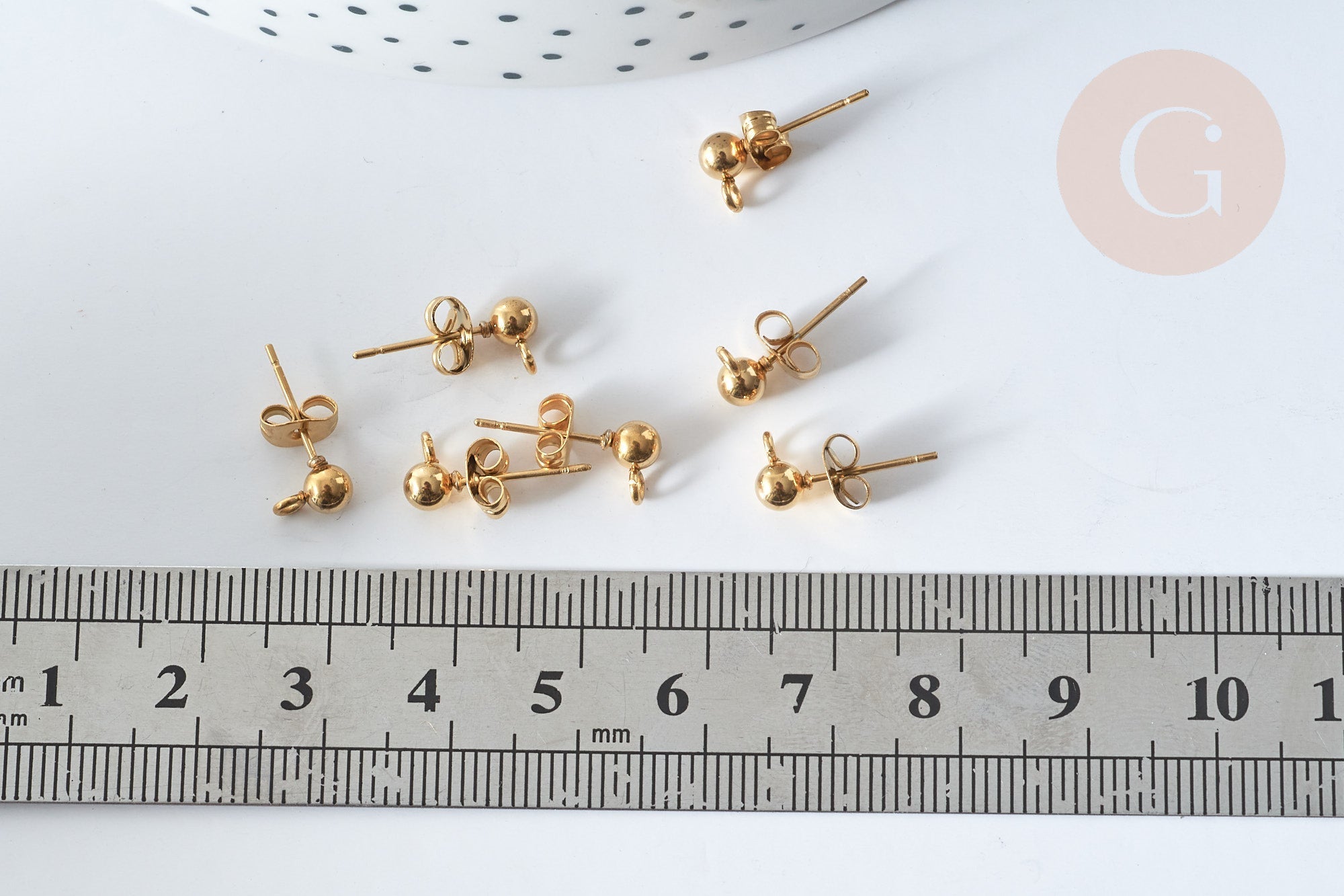 clous puces oreille boule acier doré IP inoxydable 14k anneau et fermoir 4mm, x10-20 ou 50 (G7697)