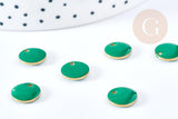 pendentif breloque plate ronde en laiton brut émail vert 10mm, x 5 (G8553)