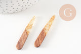 pendentif goutte bois résine feuille d'or 44mm, bois naturel,création bijoux bois,x2,G2518